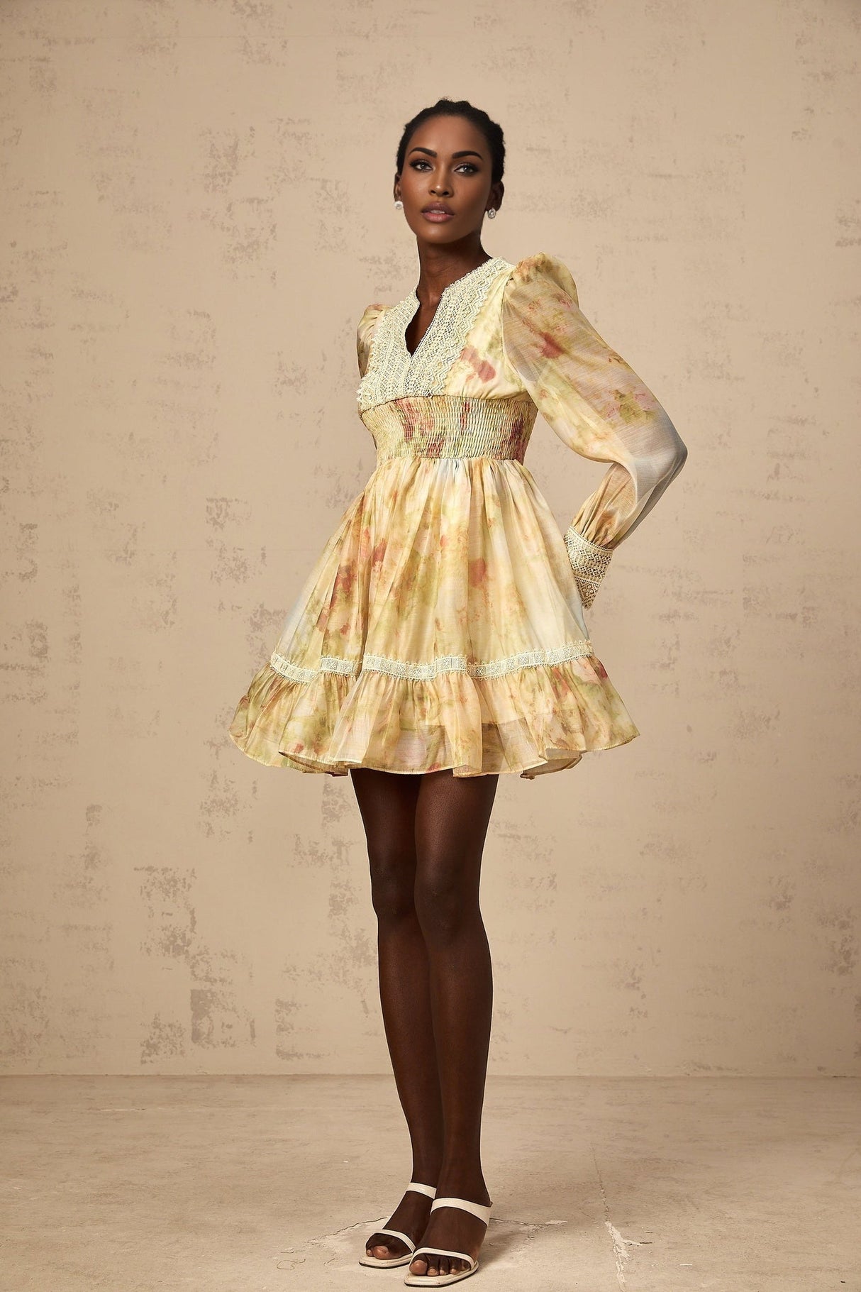 Tamara Mini Dress Yellow Floral Lace Flounce Pleats