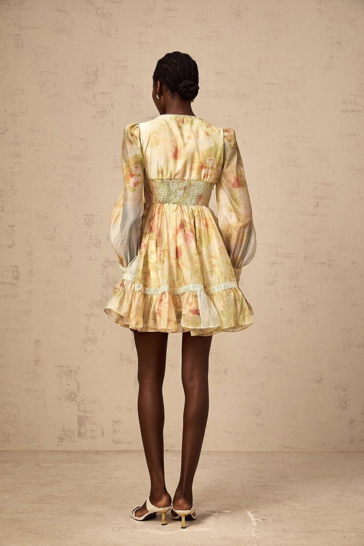 Tamara Mini Dress Yellow Floral Lace Flounce Pleats