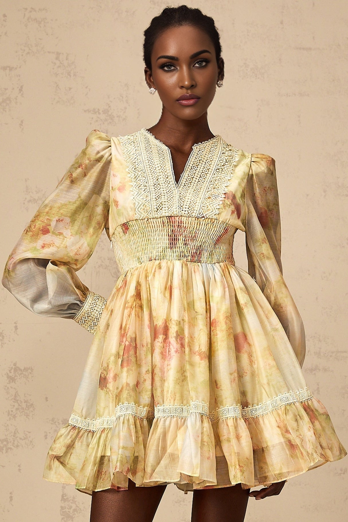 Tamara Mini Dress Yellow Floral Lace Flounce Pleats