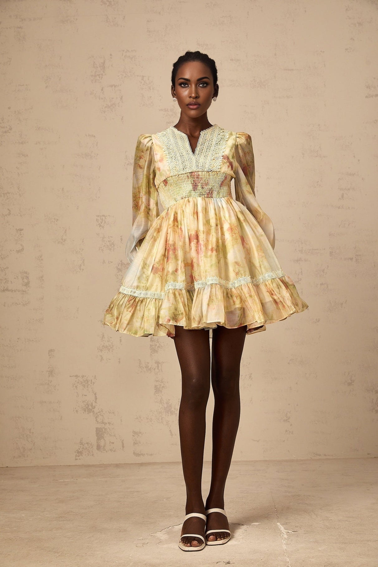 Tamara Mini Dress Yellow Floral Lace Flounce Pleats
