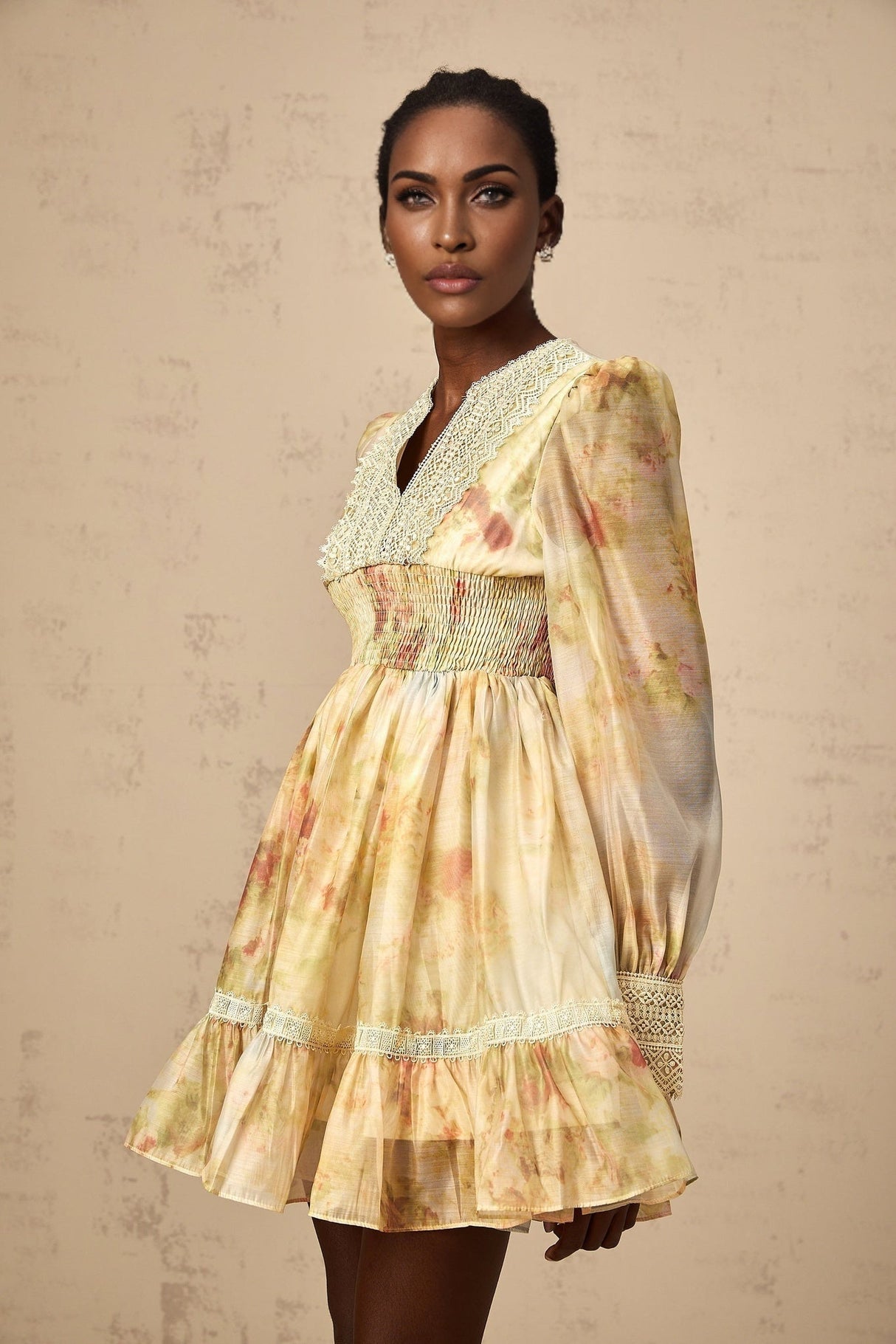 Tamara Mini Dress Yellow Floral Lace Flounce Pleats