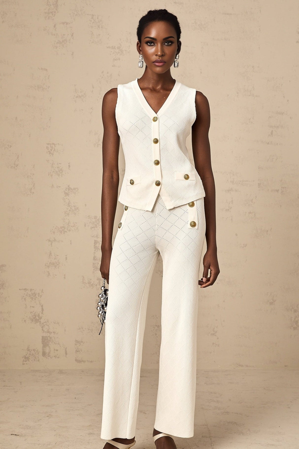 Tamara Top & Trousers Knitted White Matching Set