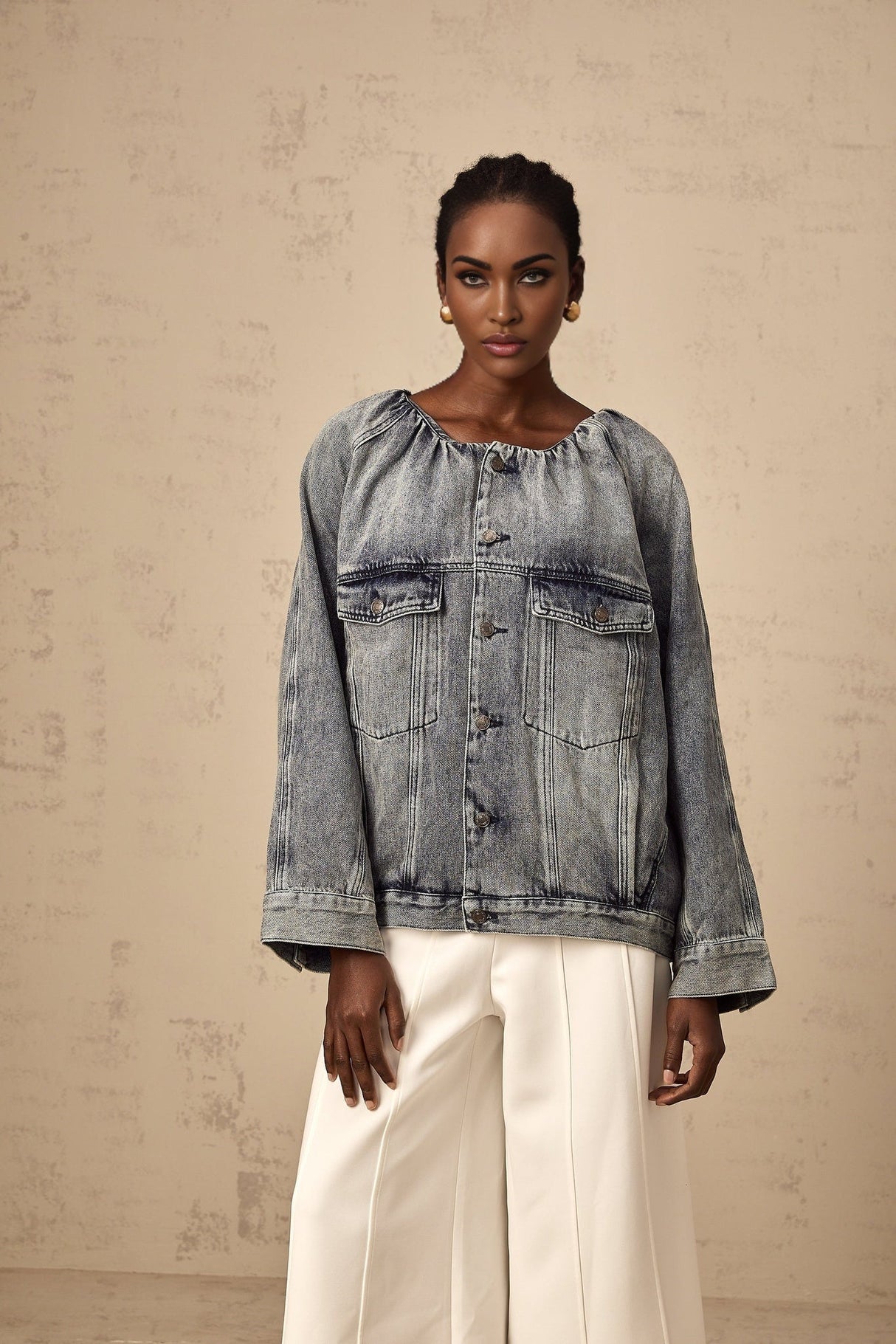 Tatiana Denim Jacket Blue Collarless Faded Shirred Effect