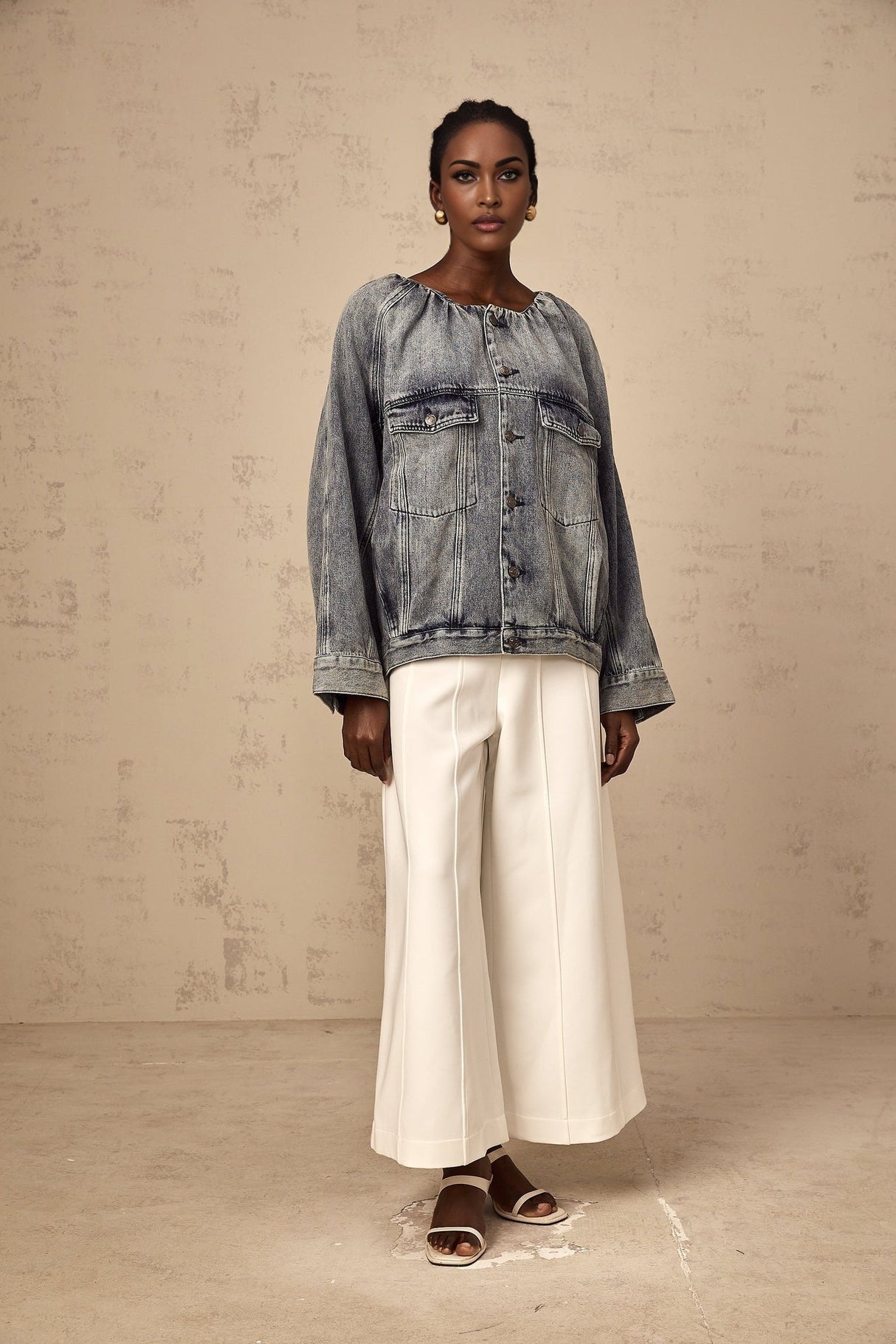 Tatiana Denim Jacket Blue Collarless Faded Shirred Effect