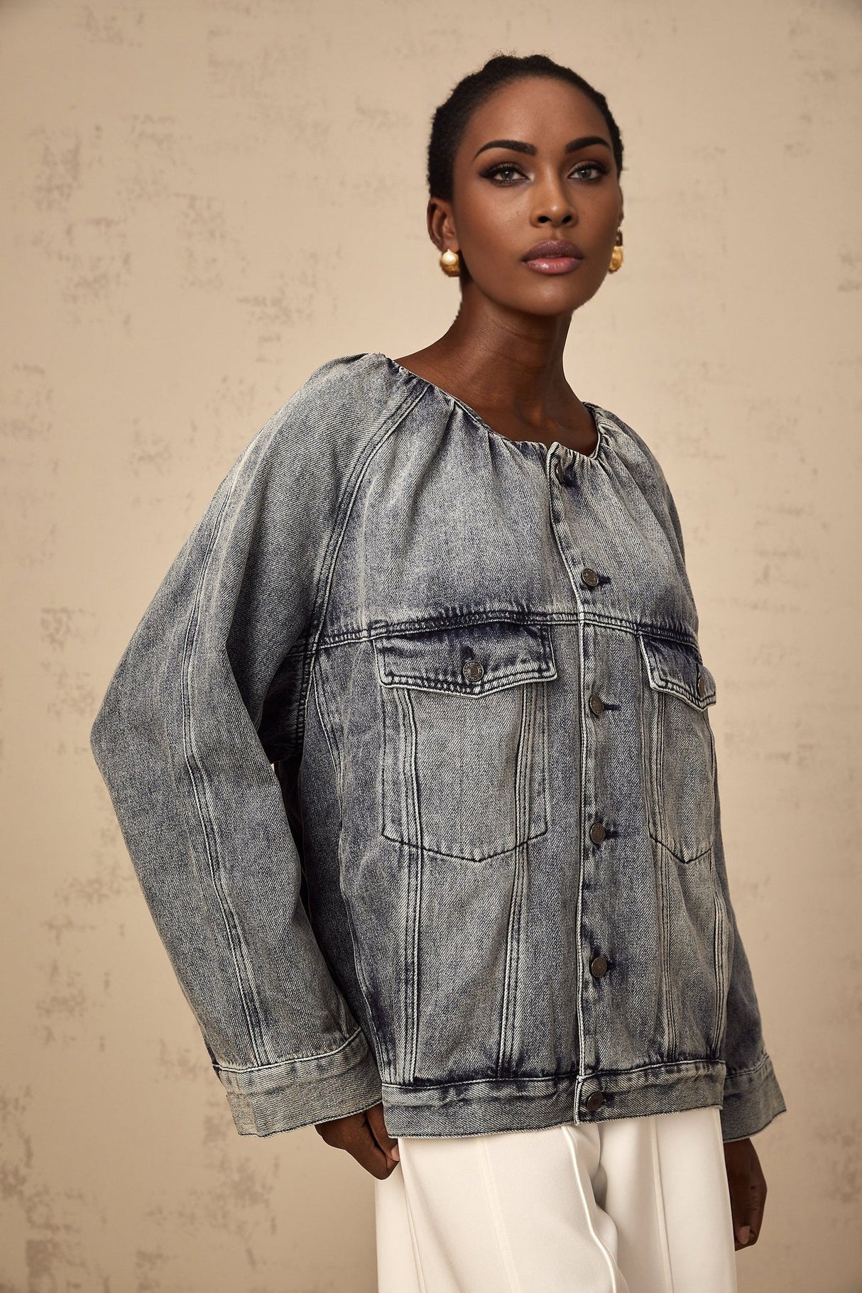 Tatiana Denim Jacket Blue Collarless Faded Shirred Effect
