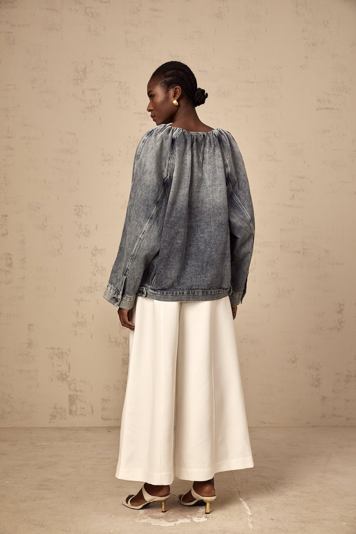 Tatiana Denim Jacket Blue Collarless Faded Shirred Effect