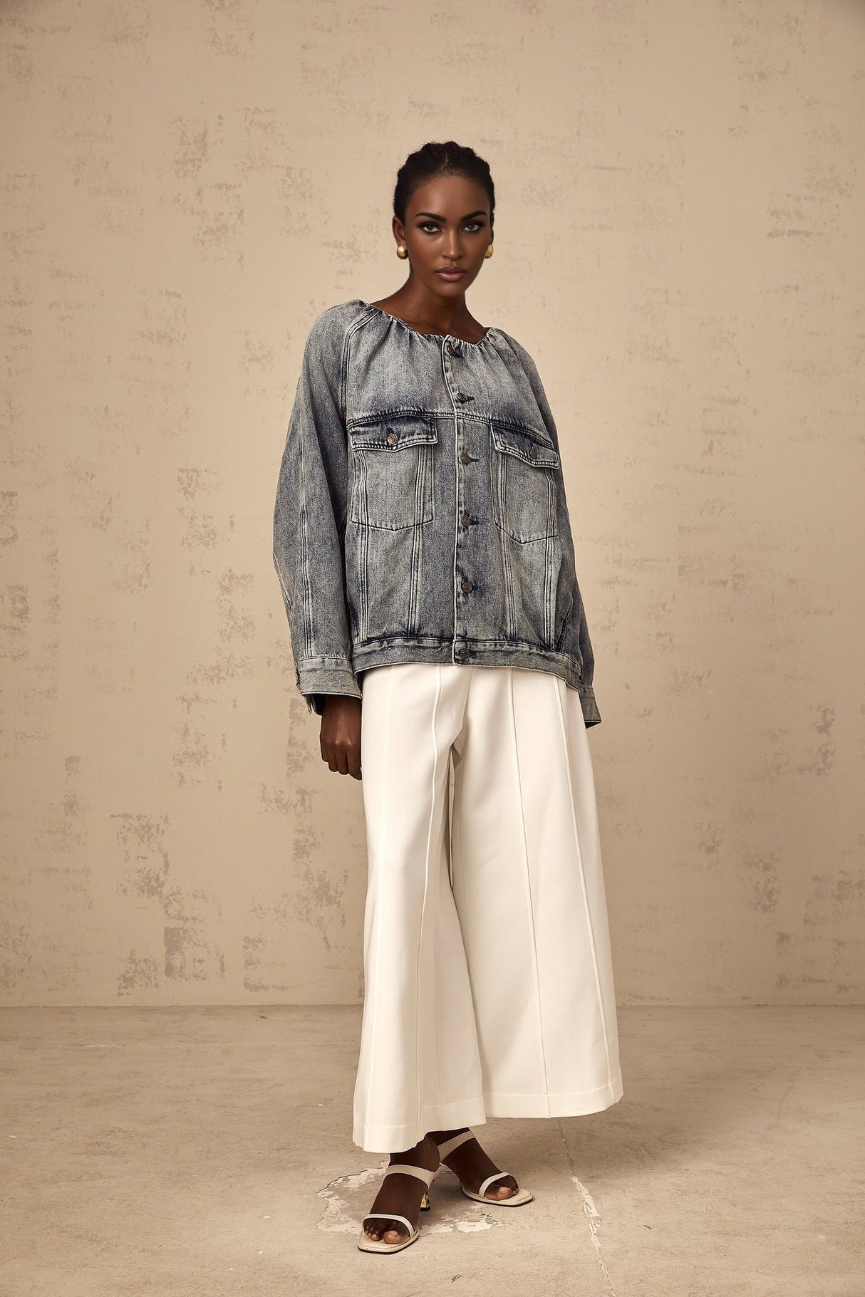 Tatiana Denim Jacket Blue Collarless Faded Shirred Effect