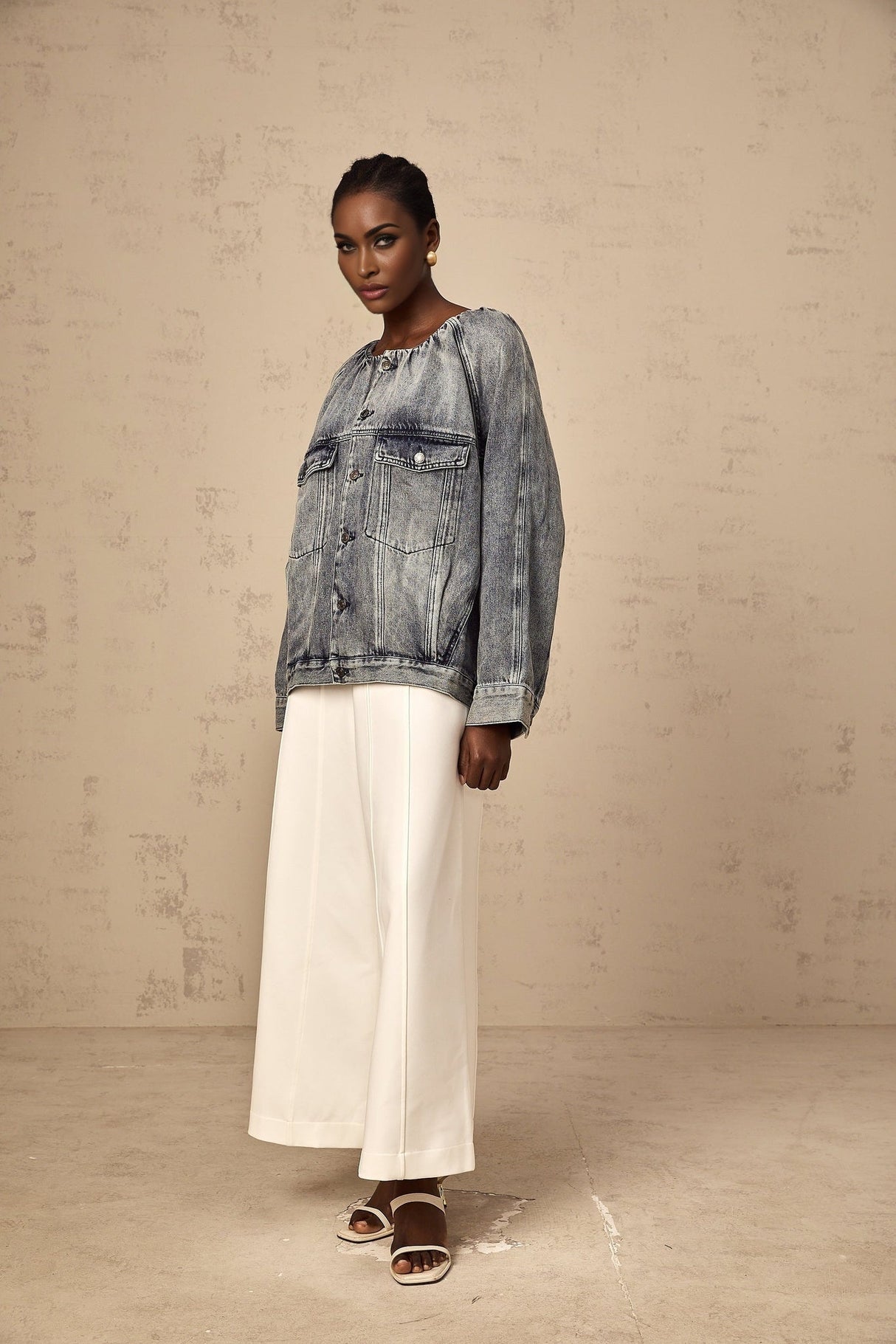 Tatiana Denim Jacket Blue Collarless Faded Shirred Effect