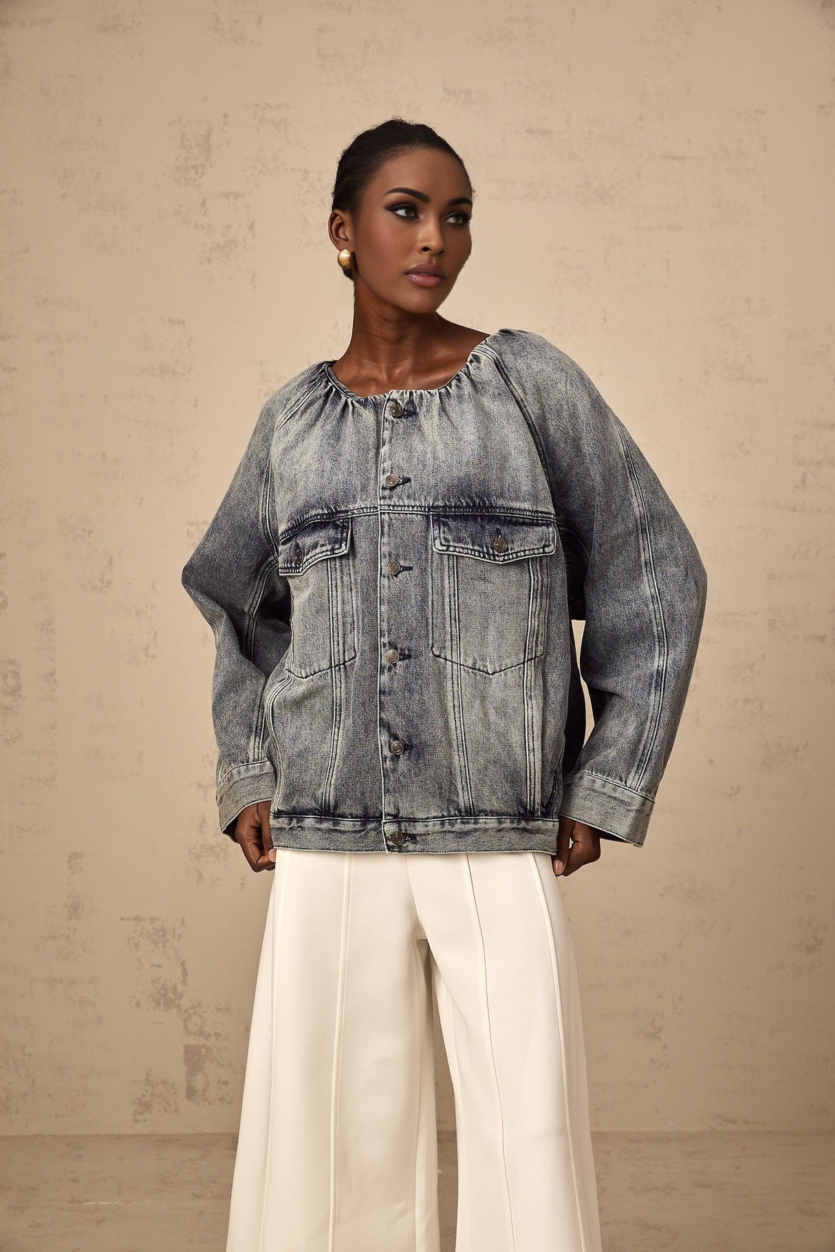 Tatiana Denim Jacket Blue Collarless Faded Shirred Effect