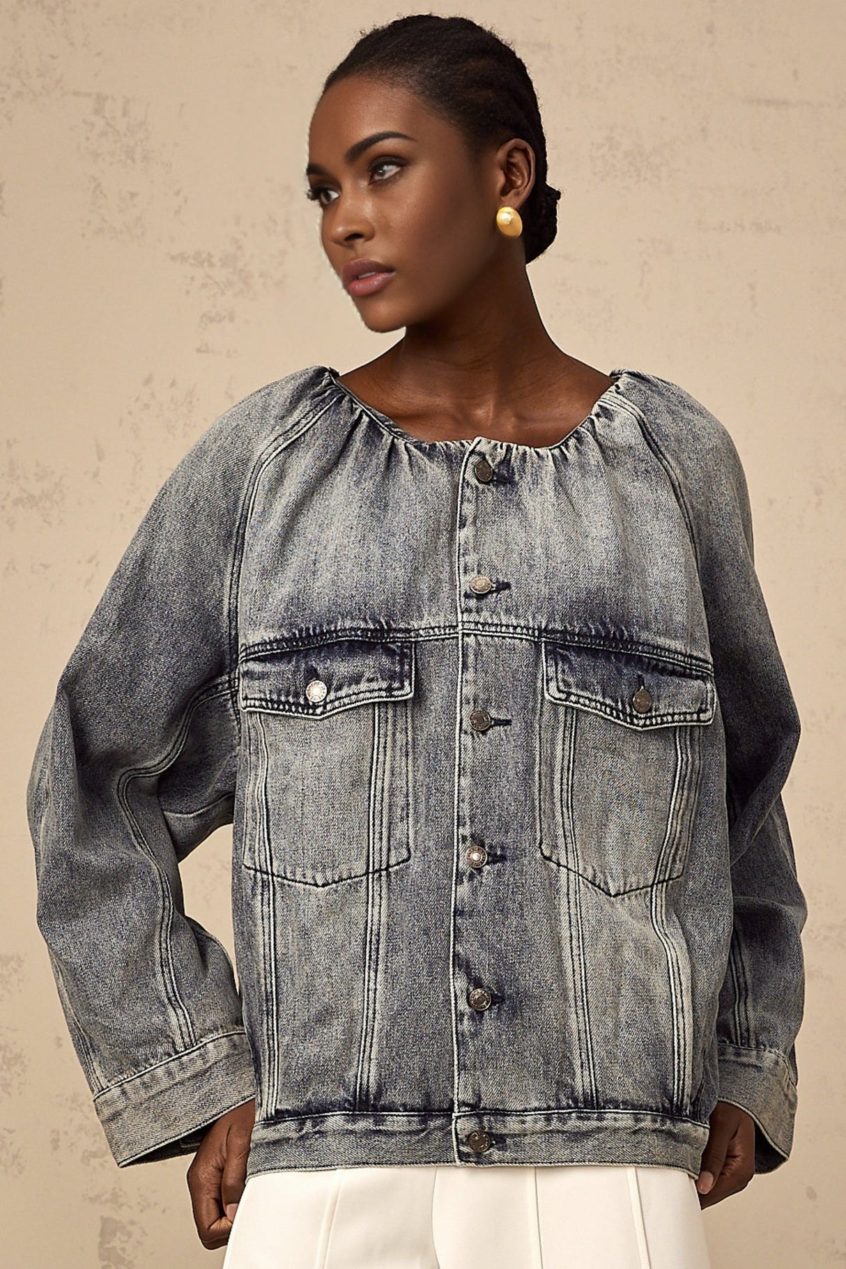 Tatiana Denim Jacket Blue Collarless Faded Shirred Effect