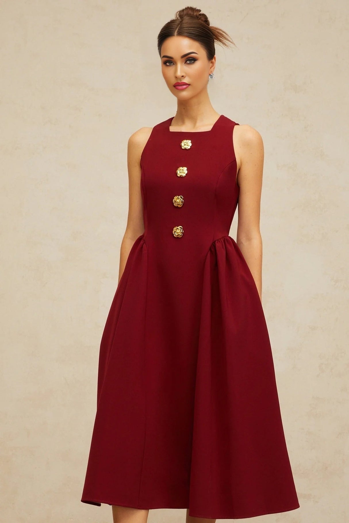 Tatiana Midi Dress Rich Red Flower - Motif Pleated & Adorned