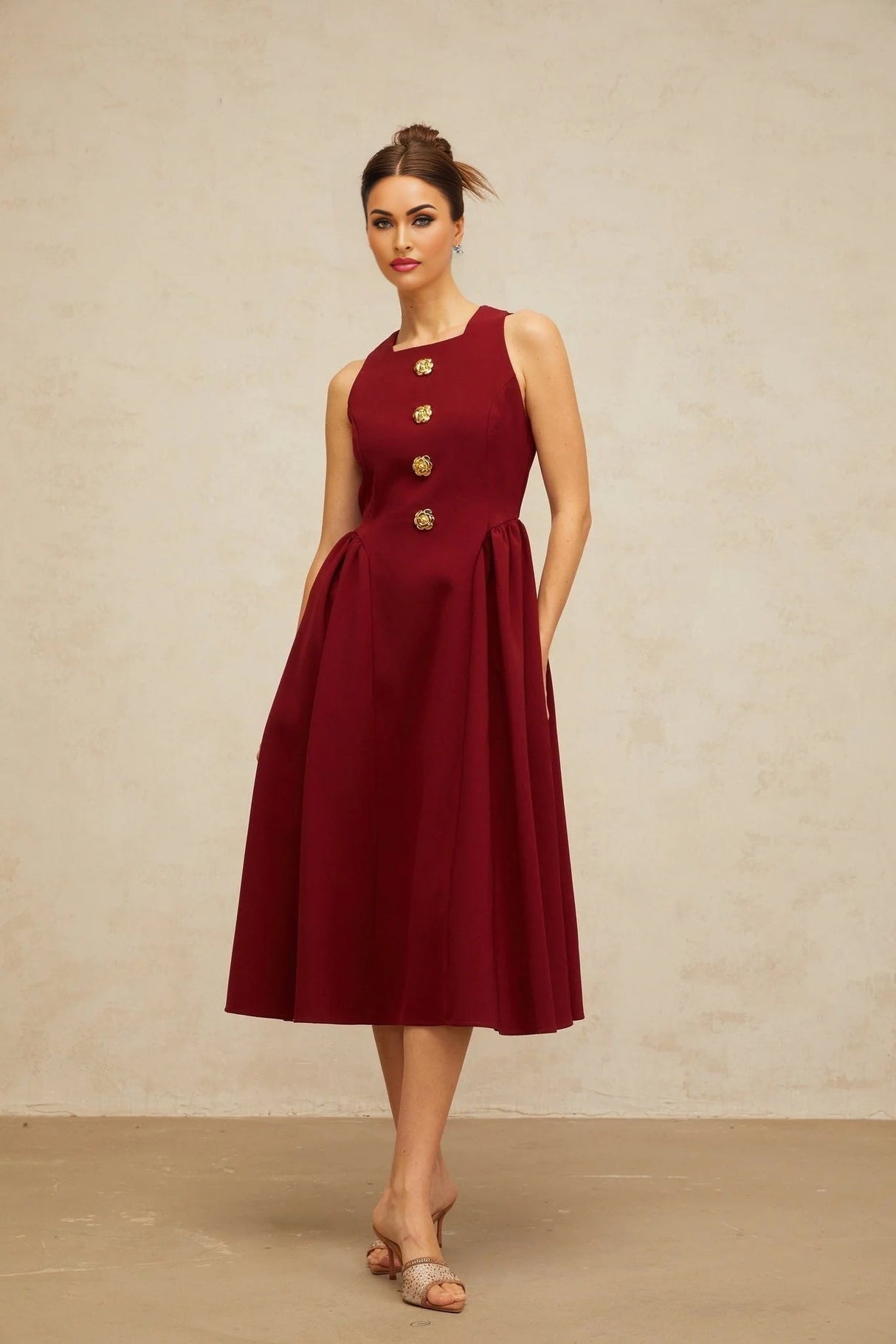 Tatiana Midi Dress Rich Red Flower - Motif Pleated & Adorned