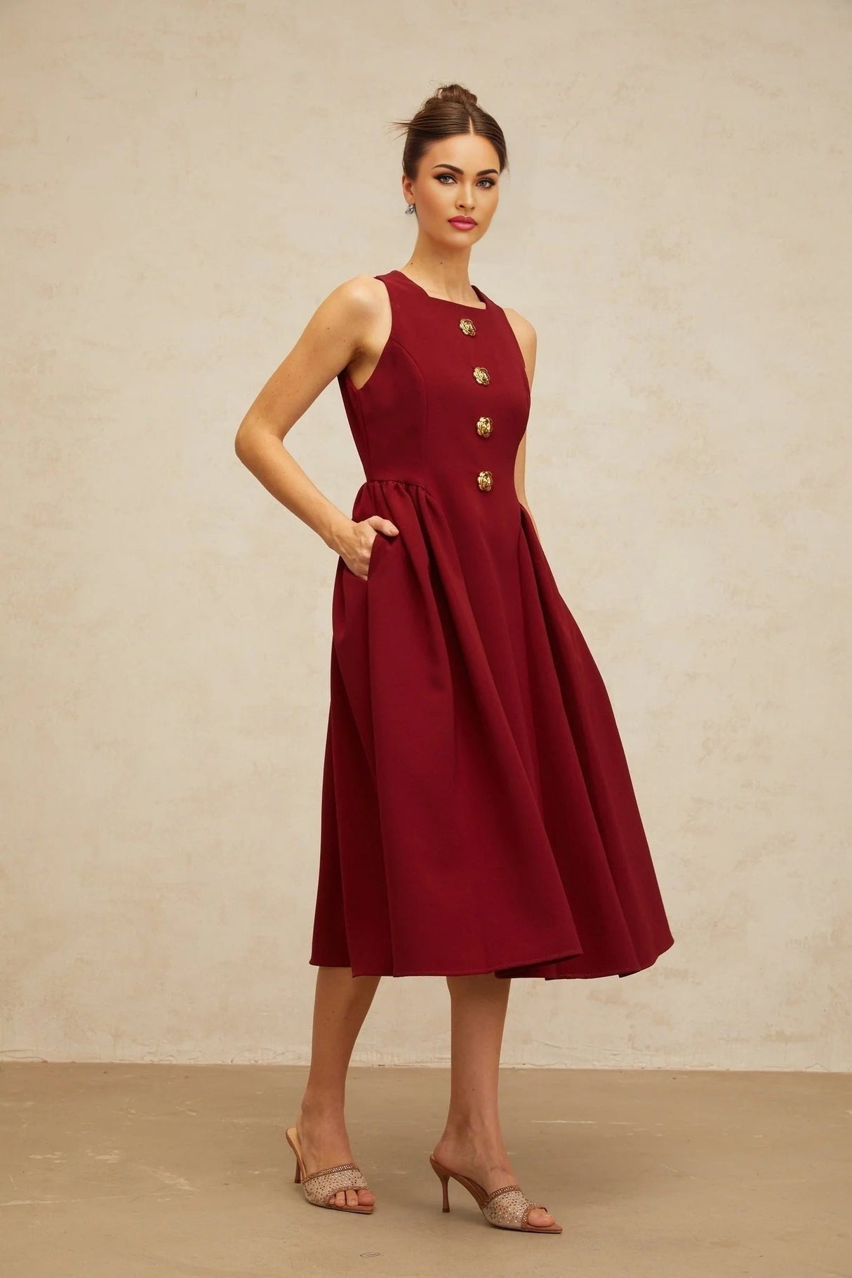 Tatiana Midi Dress Rich Red Flower - Motif Pleated & Adorned