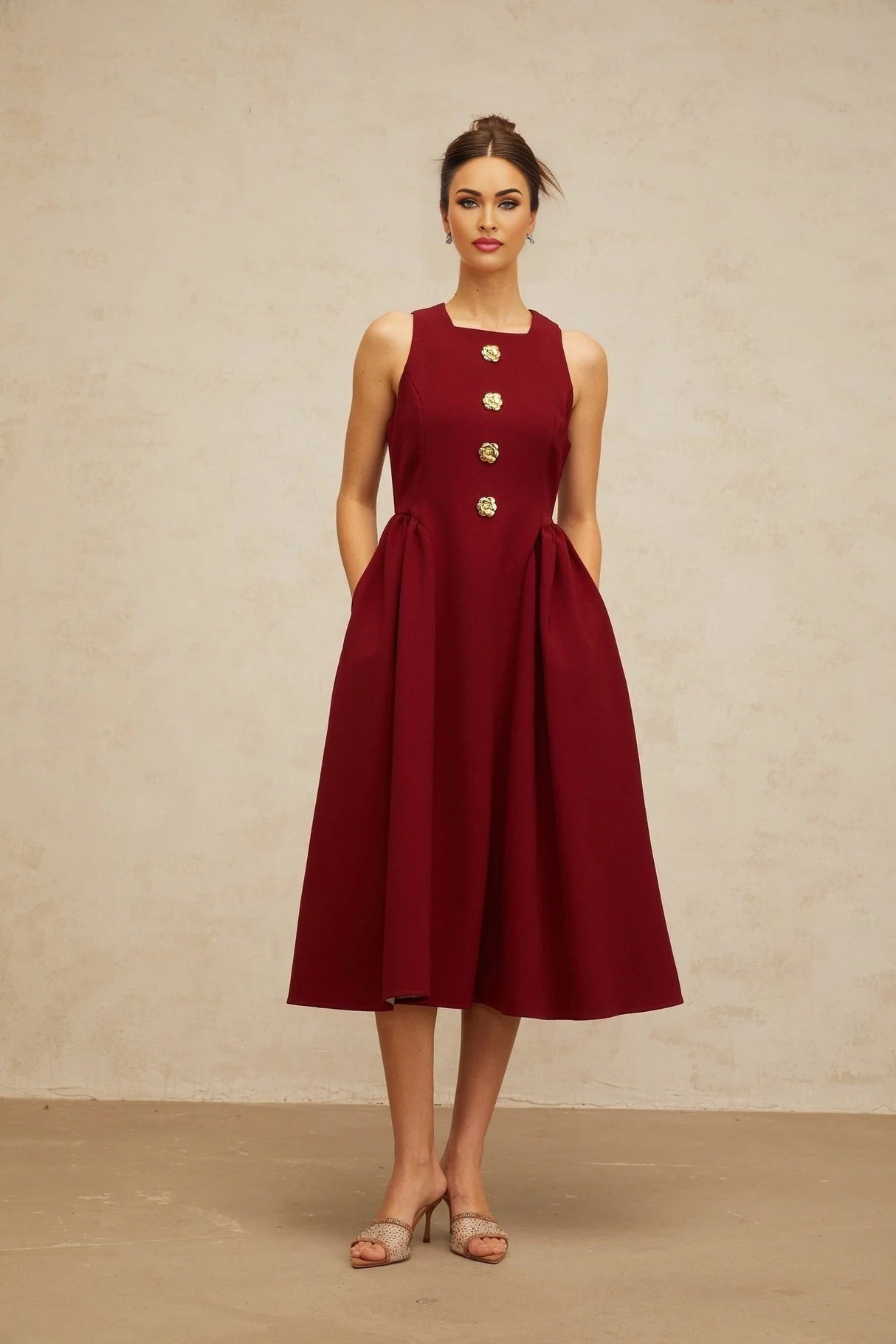 Tatiana Midi Dress Rich Red Flower - Motif Pleated & Adorned