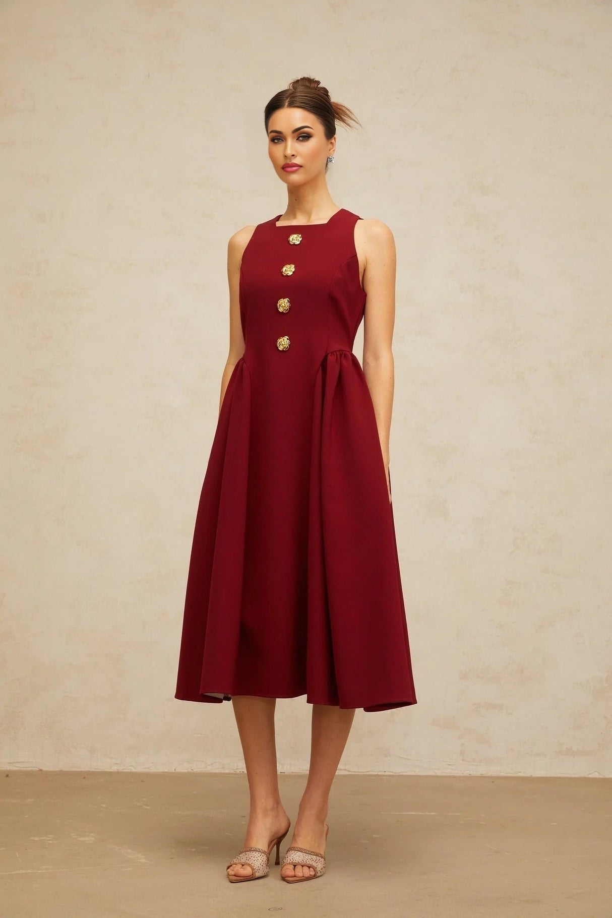 Tatiana Midi Dress Rich Red Flower - Motif Pleated & Adorned