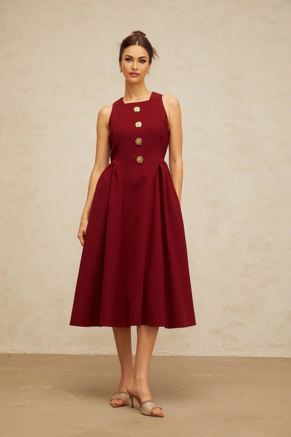 Tatiana Midi Dress Rich Red Flower - Motif Pleated & Adorned