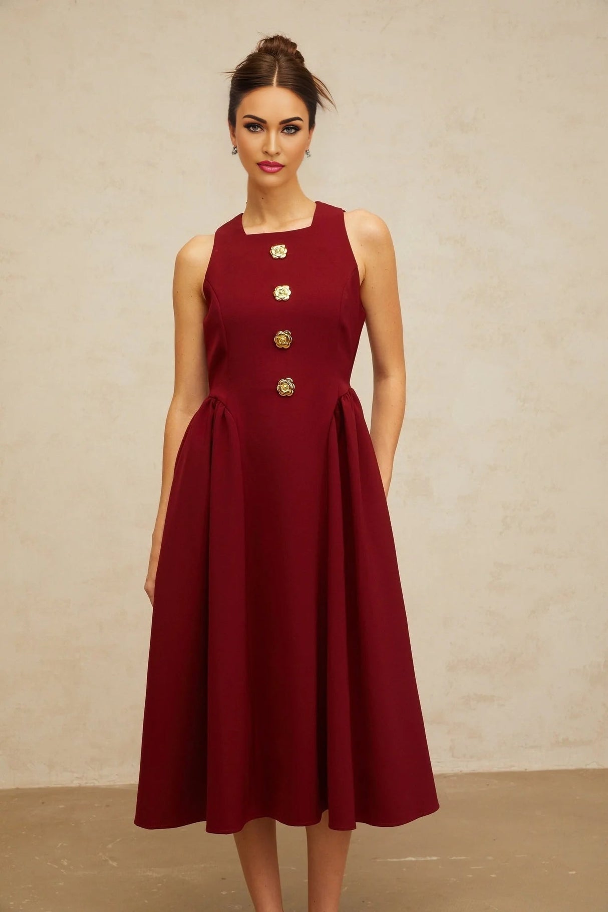 Tatiana Midi Dress Rich Red Flower - Motif Pleated & Adorned