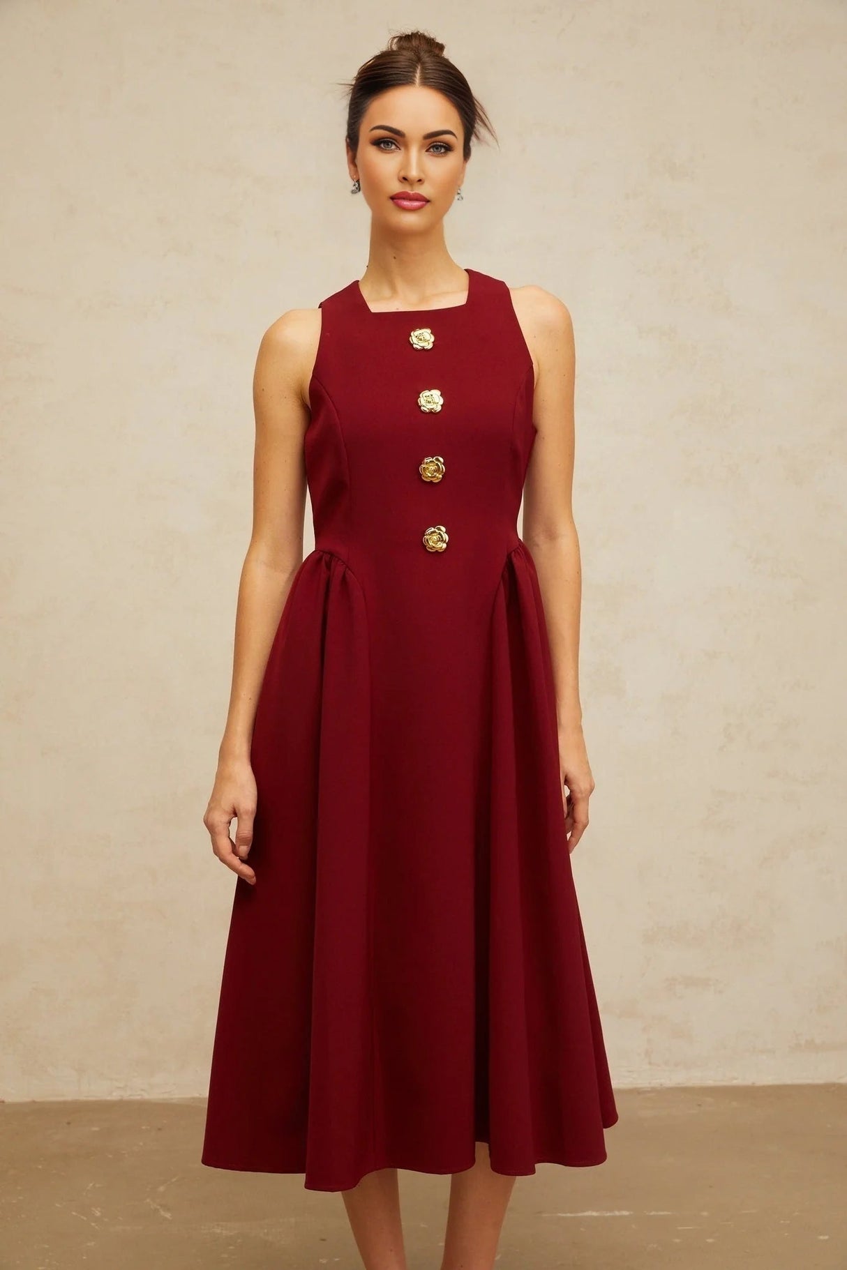 Tatiana Midi Dress Rich Red Flower - Motif Pleated & Adorned