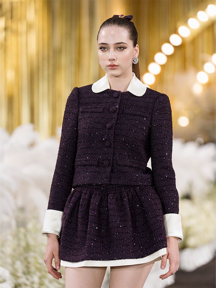 Tatiana Tweed Jacket – Cropped Fit – Silk Collar & Cuffs – Tailored Silhouette