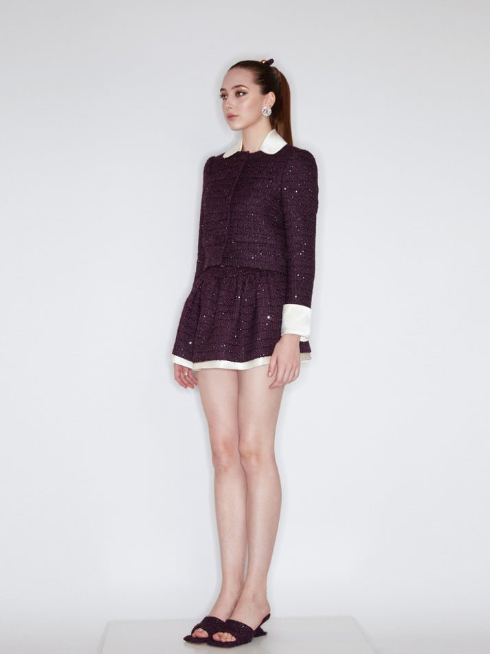 Tatiana Tweed Jacket – Cropped Fit – Silk Collar & Cuffs – Tailored Silhouette