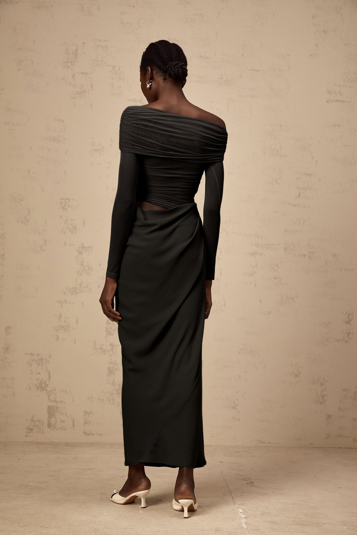 Taylor Midi Dress Black Semi Sheer Tulle Panel Off Shoulder Draped