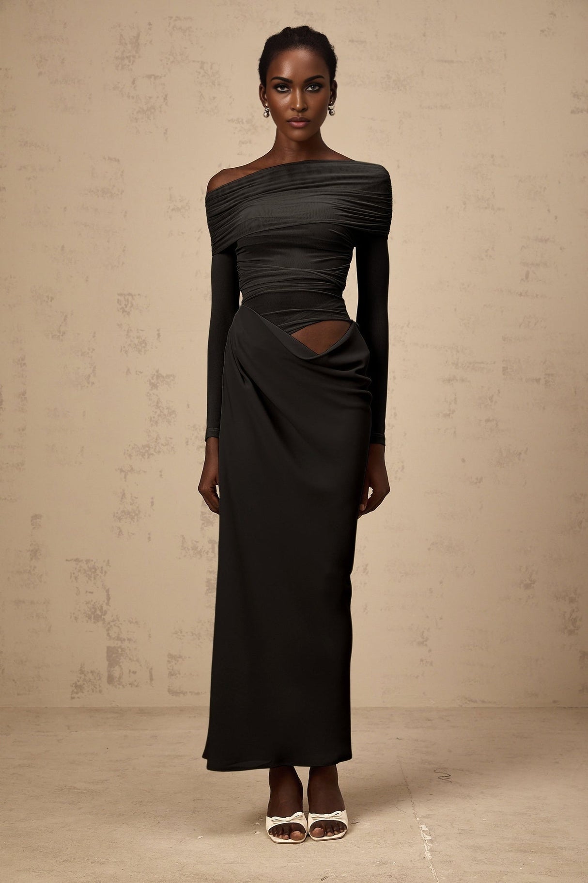 Taylor Midi Dress Black Semi Sheer Tulle Panel Off Shoulder Draped