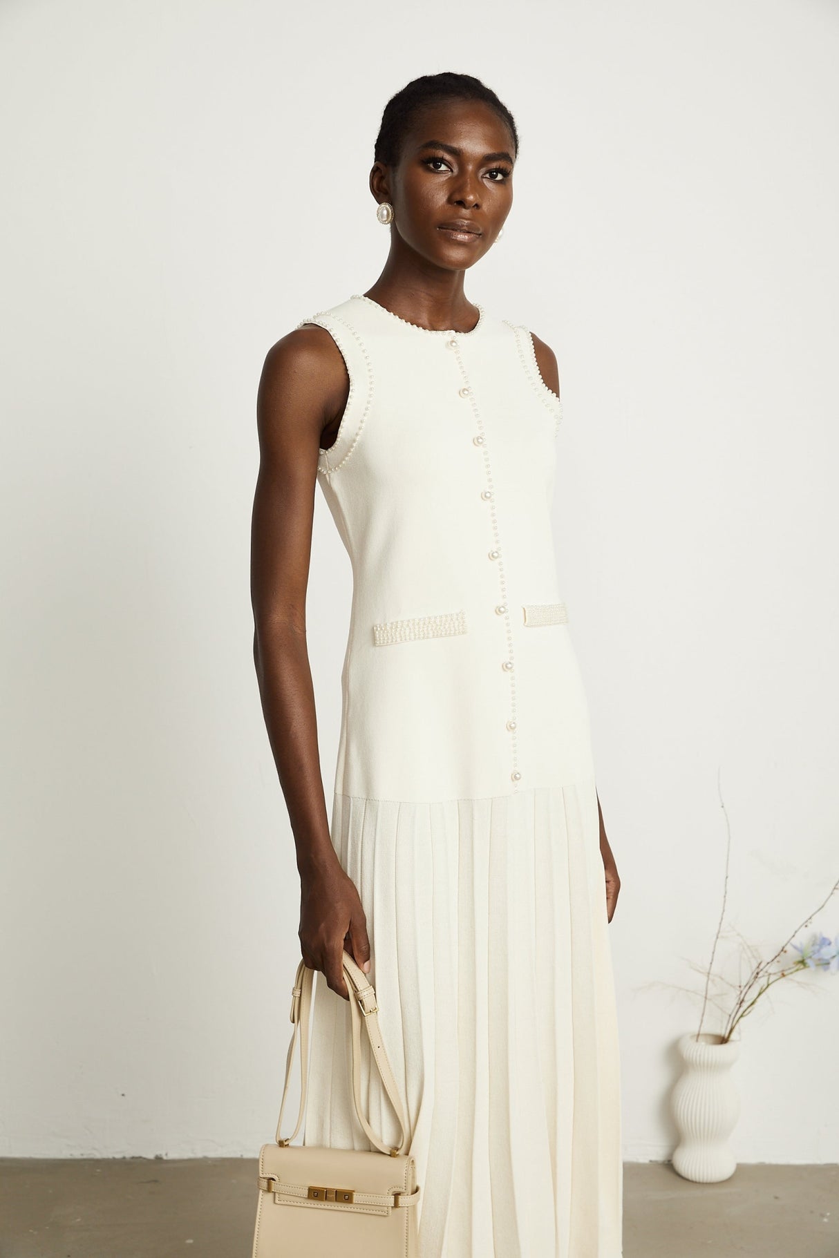 Taylor Midi Dress White Faux Pearl Pleated Bouquet