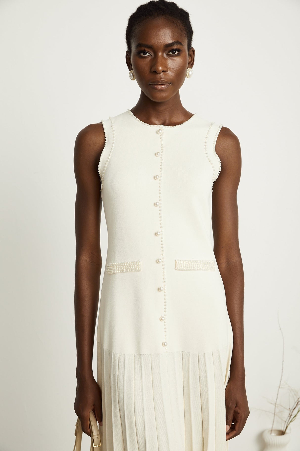 Taylor Midi Dress White Faux Pearl Pleated Bouquet