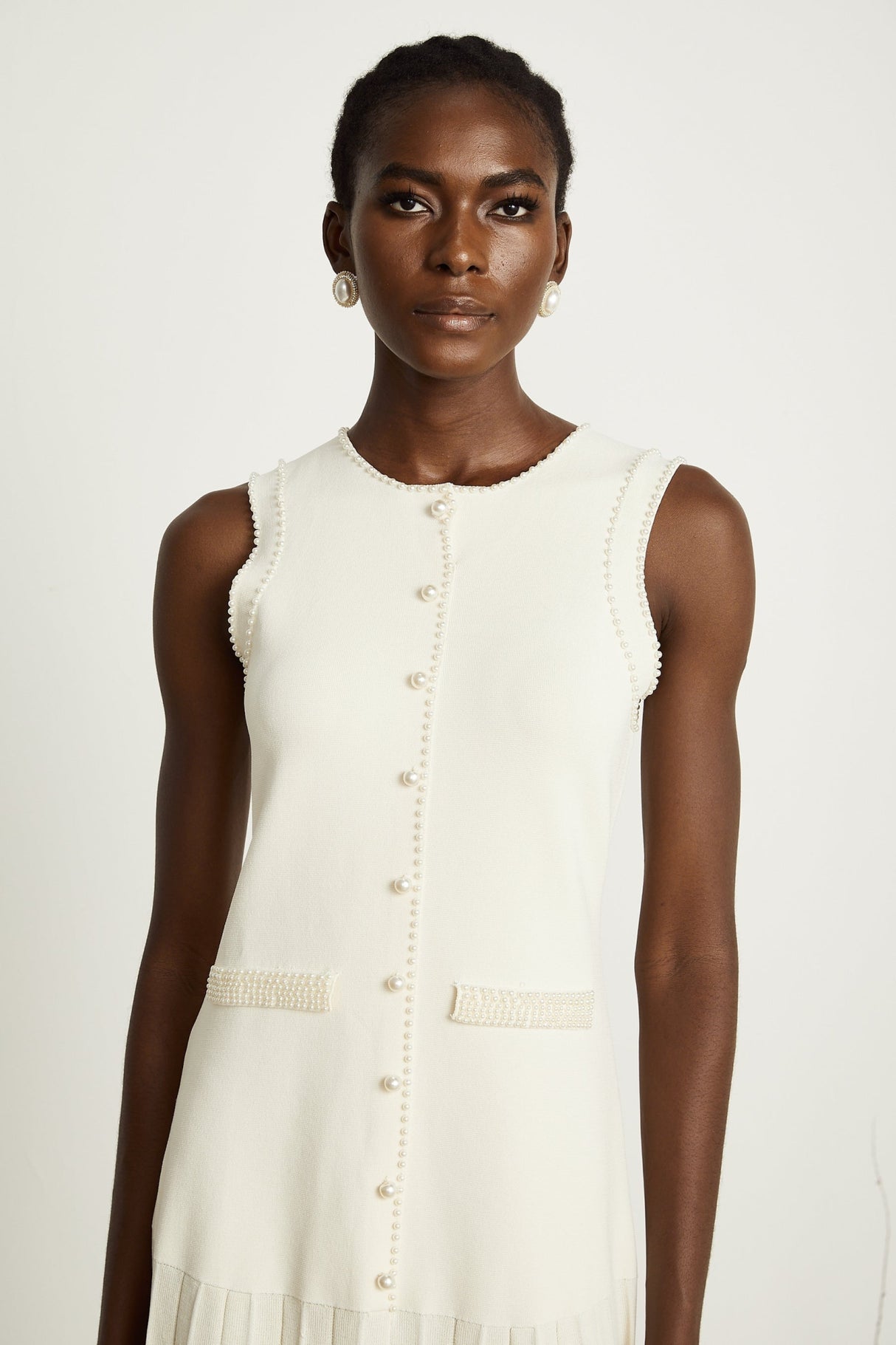 Taylor Midi Dress White Faux Pearl Pleated Bouquet