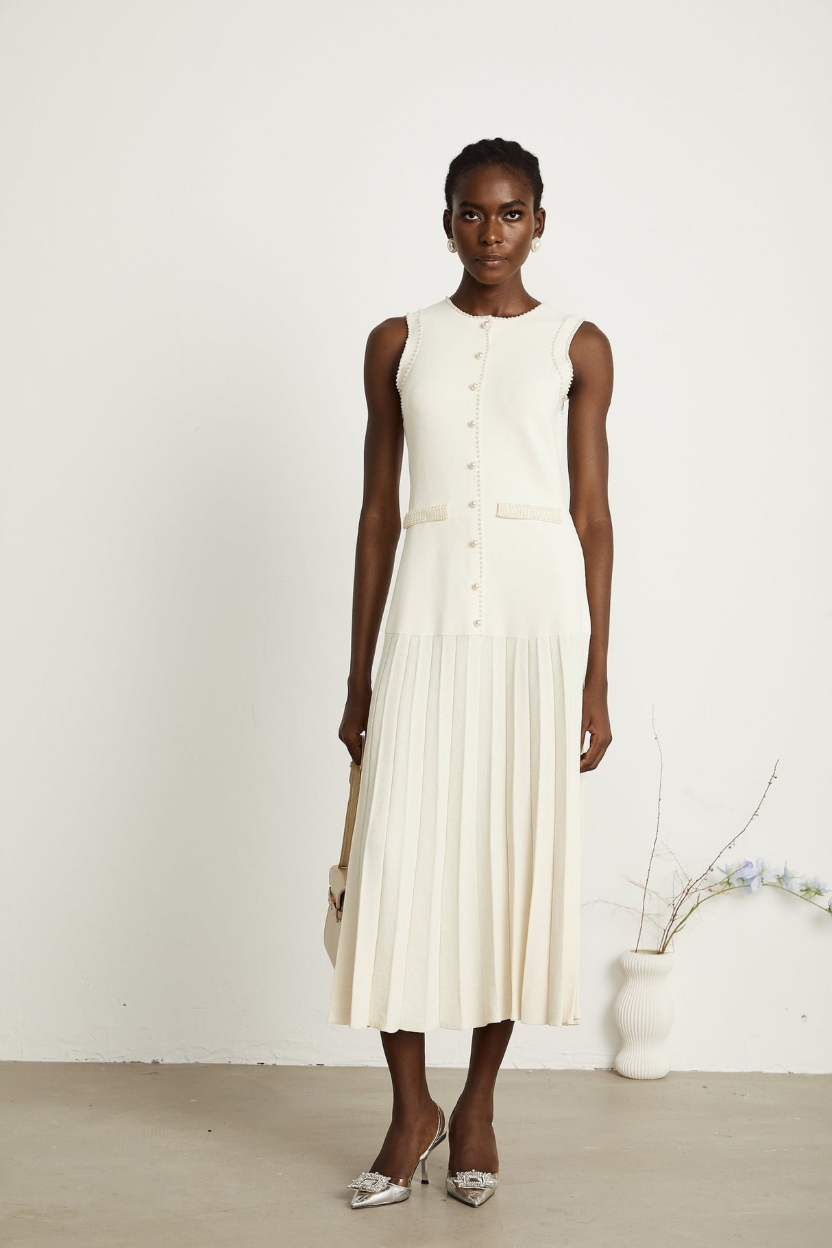 Taylor Midi Dress White Faux Pearl Pleated Bouquet