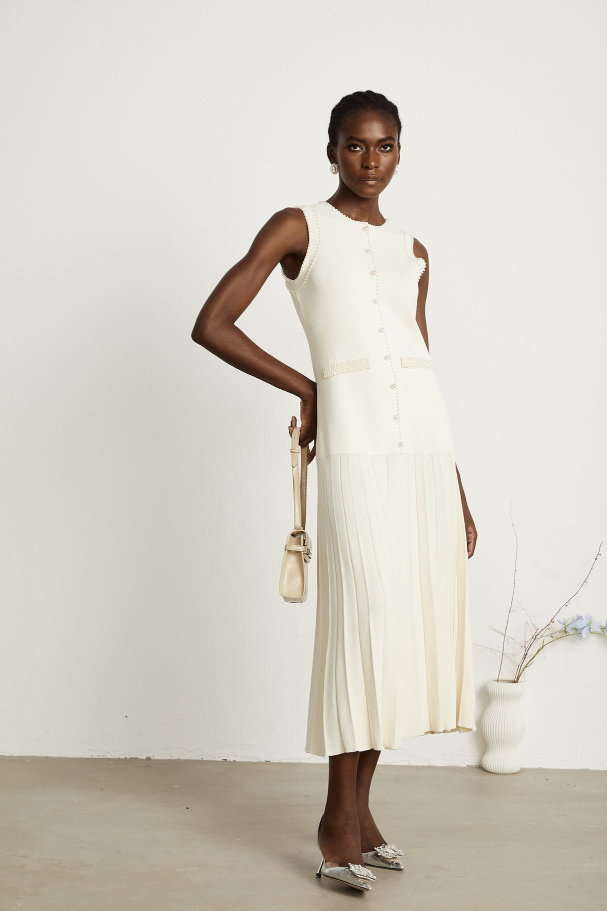 Taylor Midi Dress White Faux Pearl Pleated Bouquet