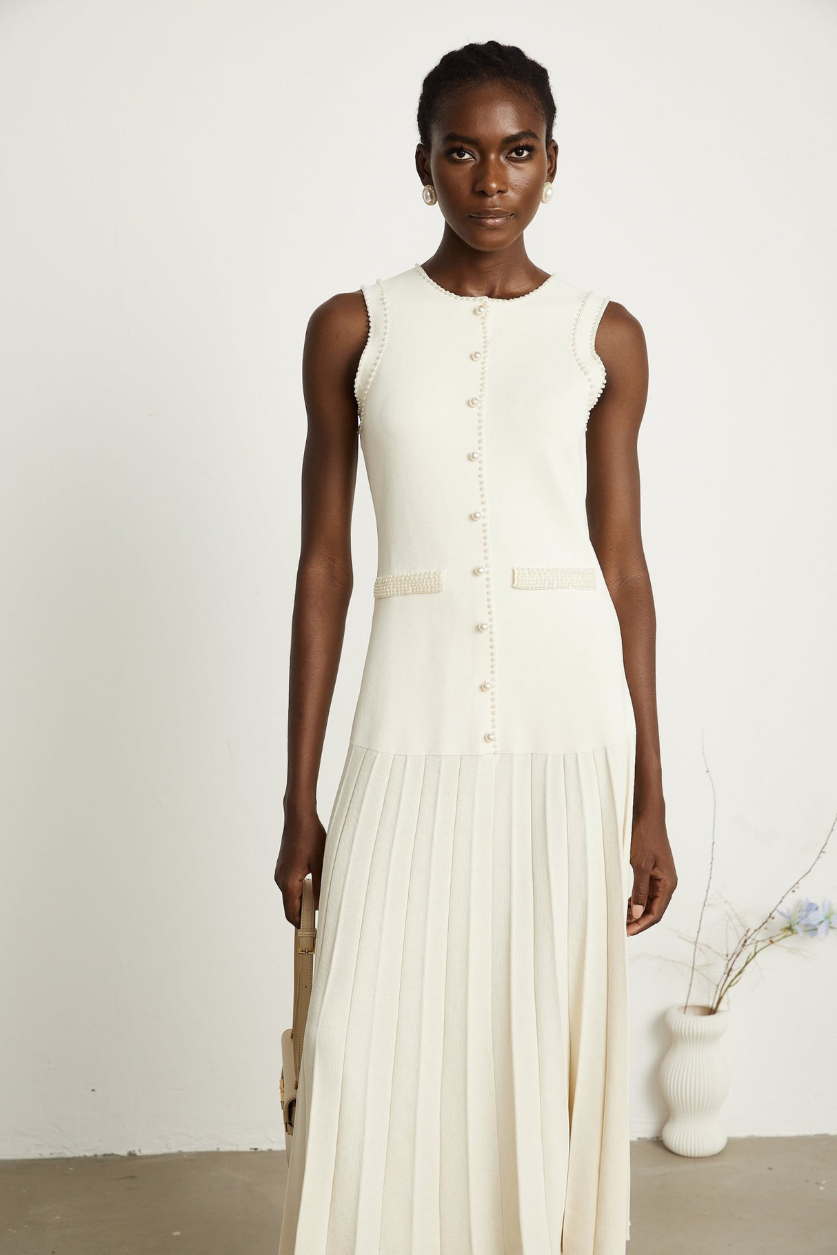 Taylor Midi Dress White Faux Pearl Pleated Bouquet