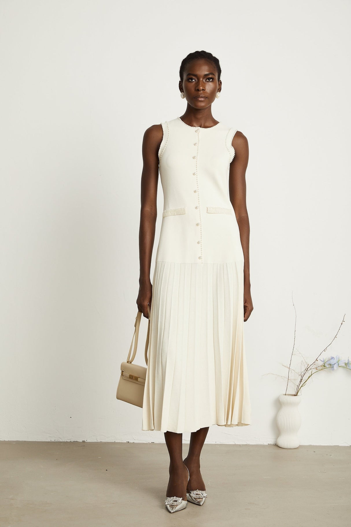 Taylor Midi Dress White Faux Pearl Pleated Bouquet