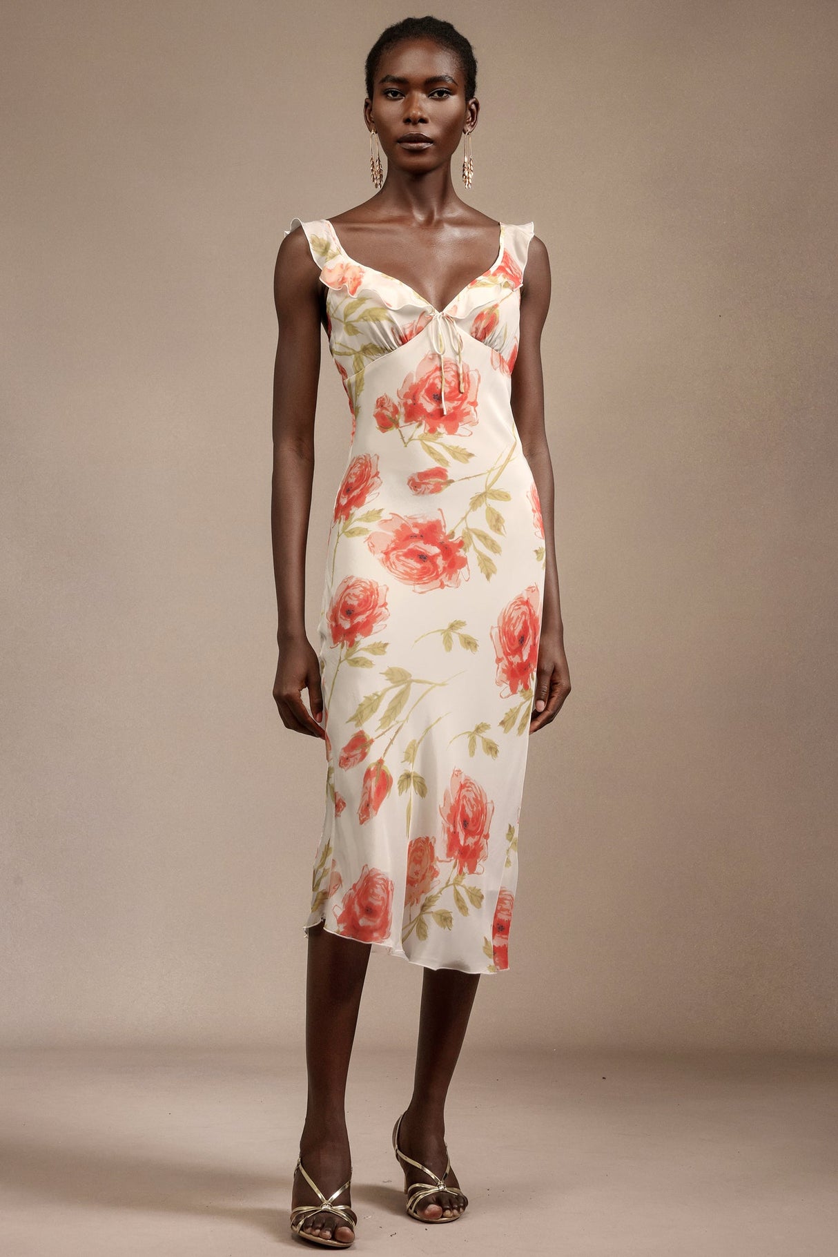 Taylor White Floral Print Halter Midi Dress with Ruffled Detailing and Bowknot