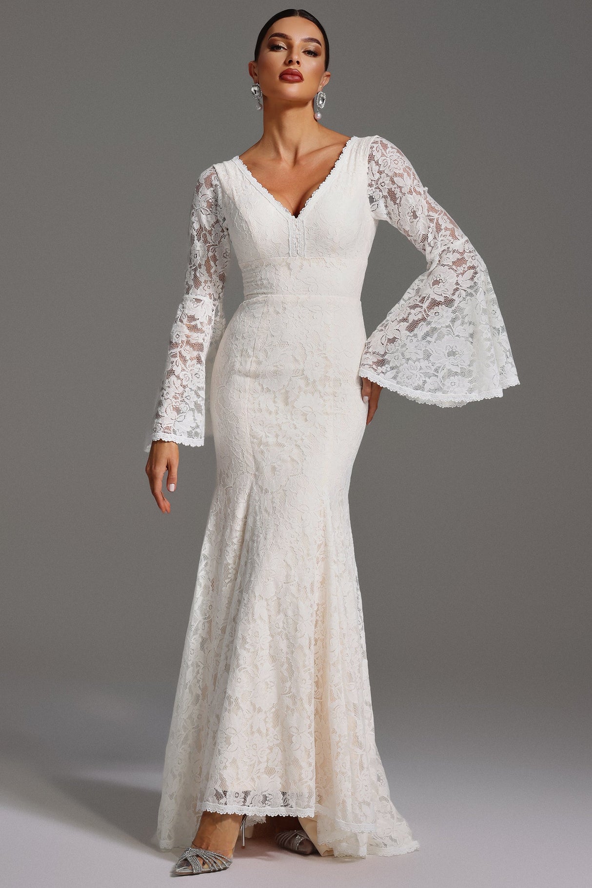 Taylor White Lace Maxi Dress V-Neck Backless Formal Wedding Evening Wear