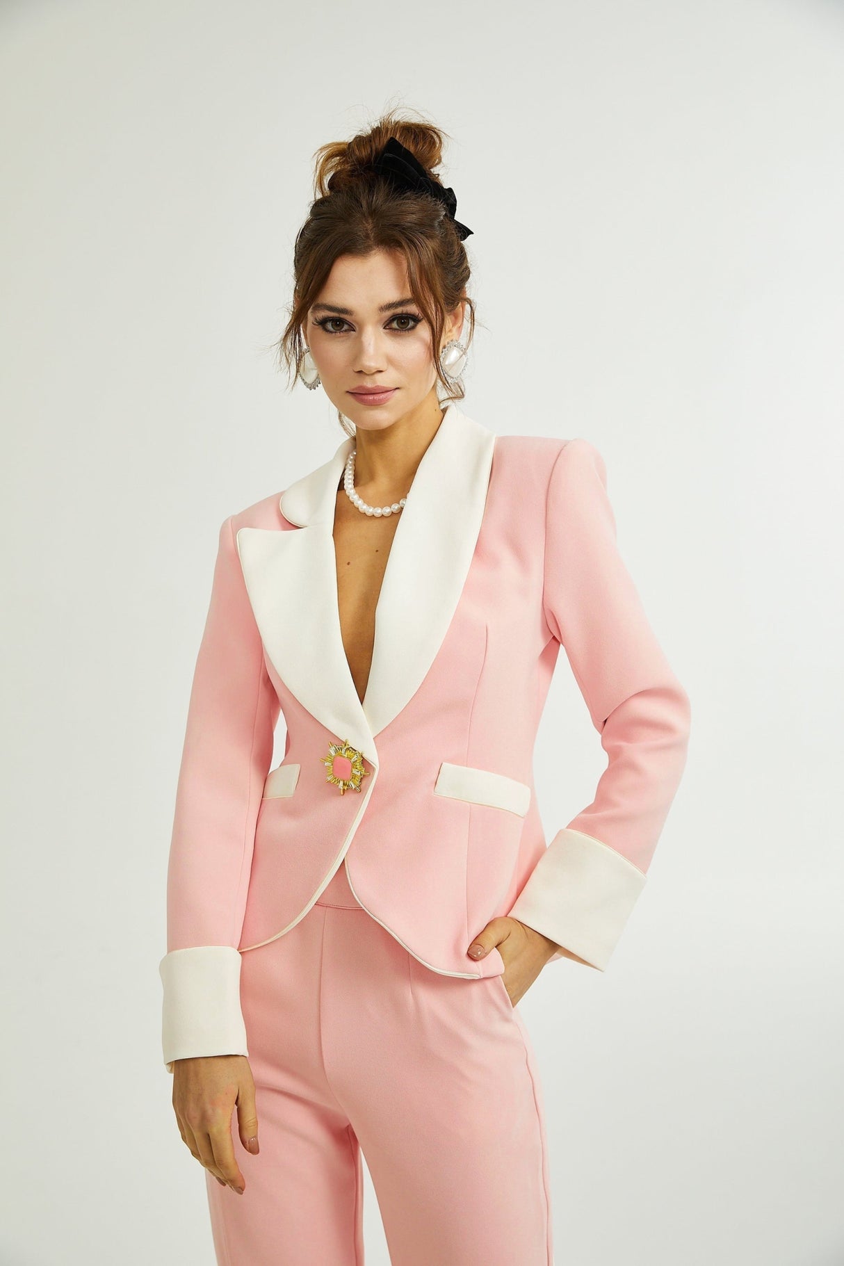 Teagan Blazer & Pants Pink White Set
