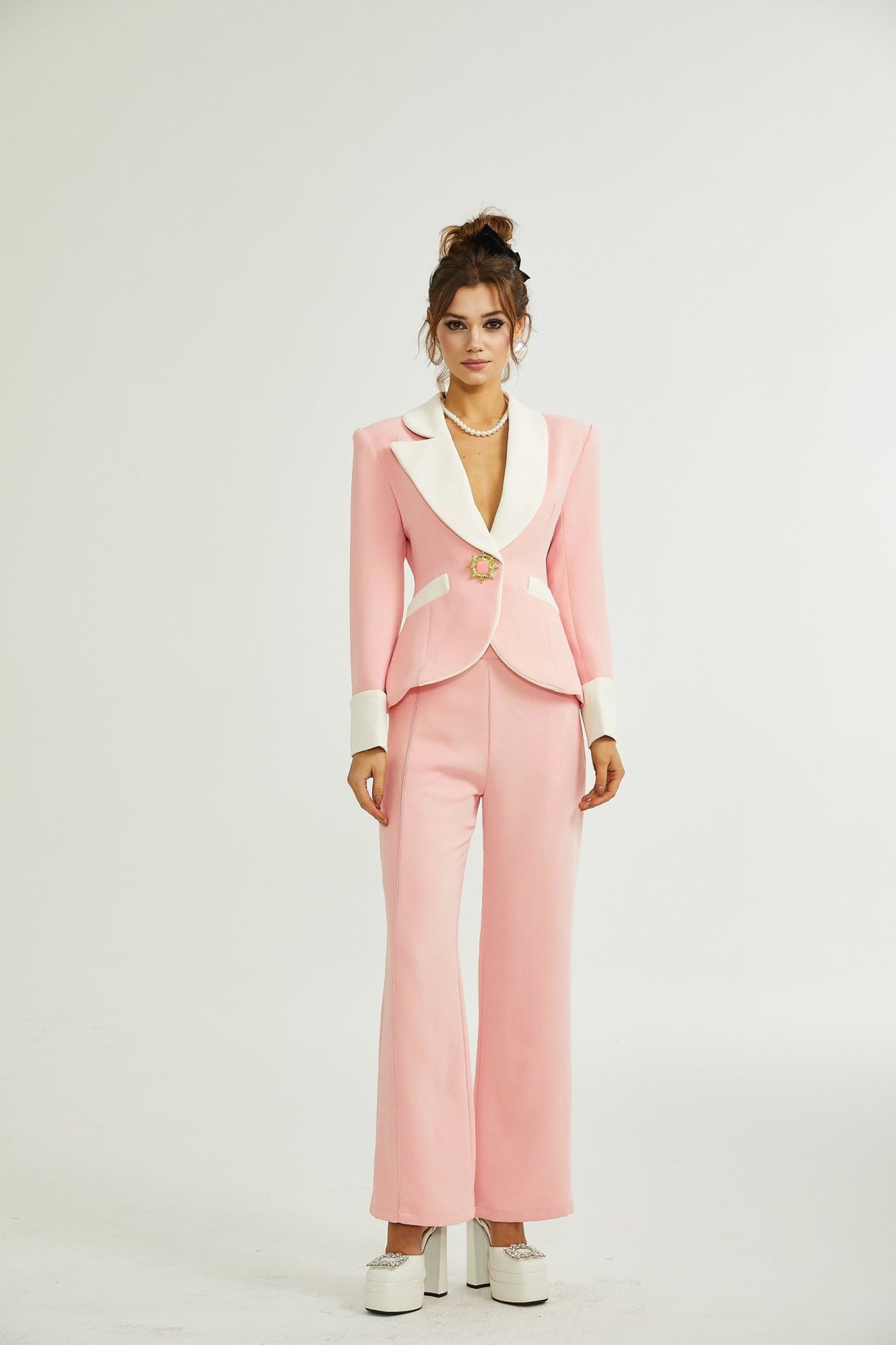 Teagan Blazer & Pants Pink White Set