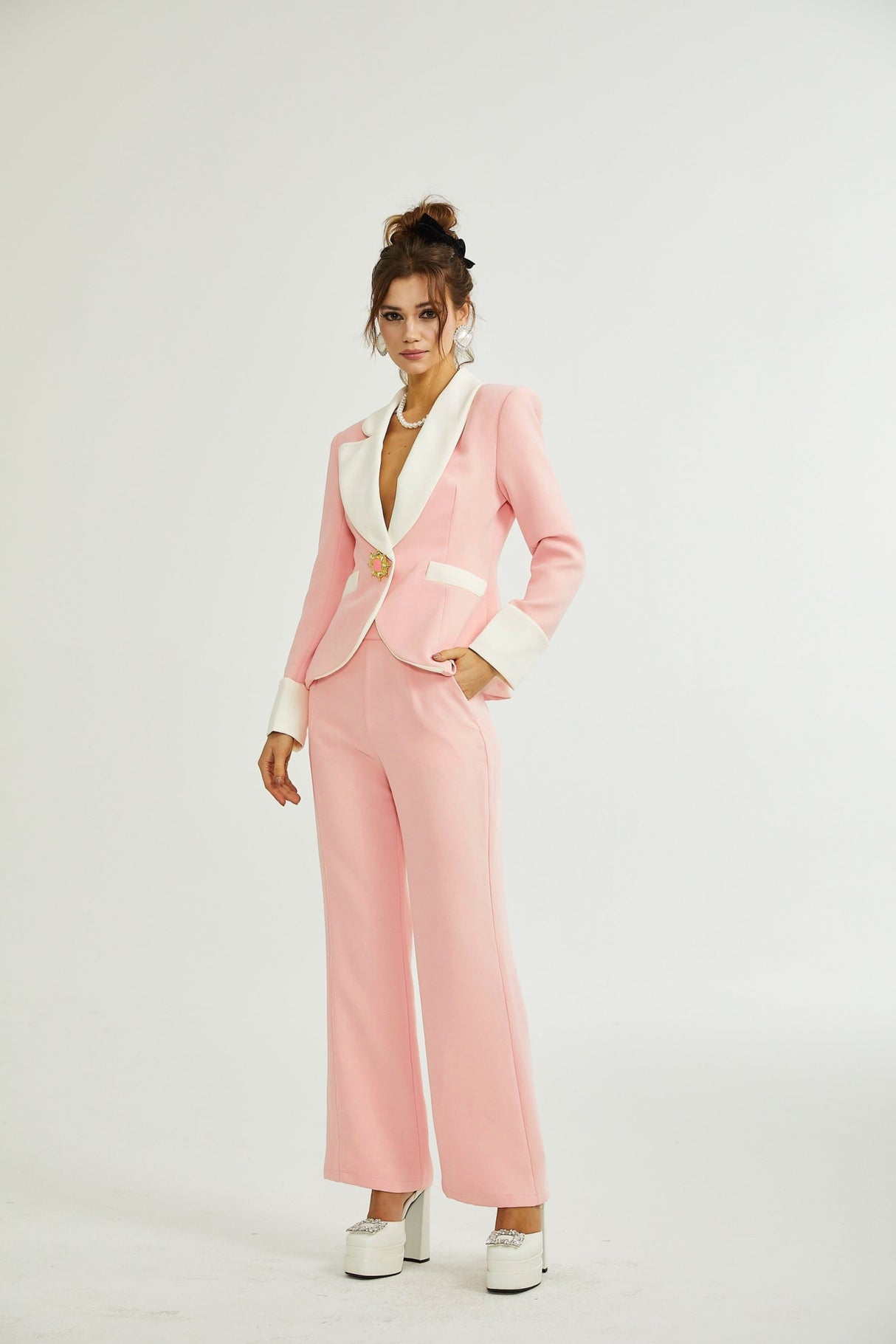 Teagan Blazer & Pants Pink White Set