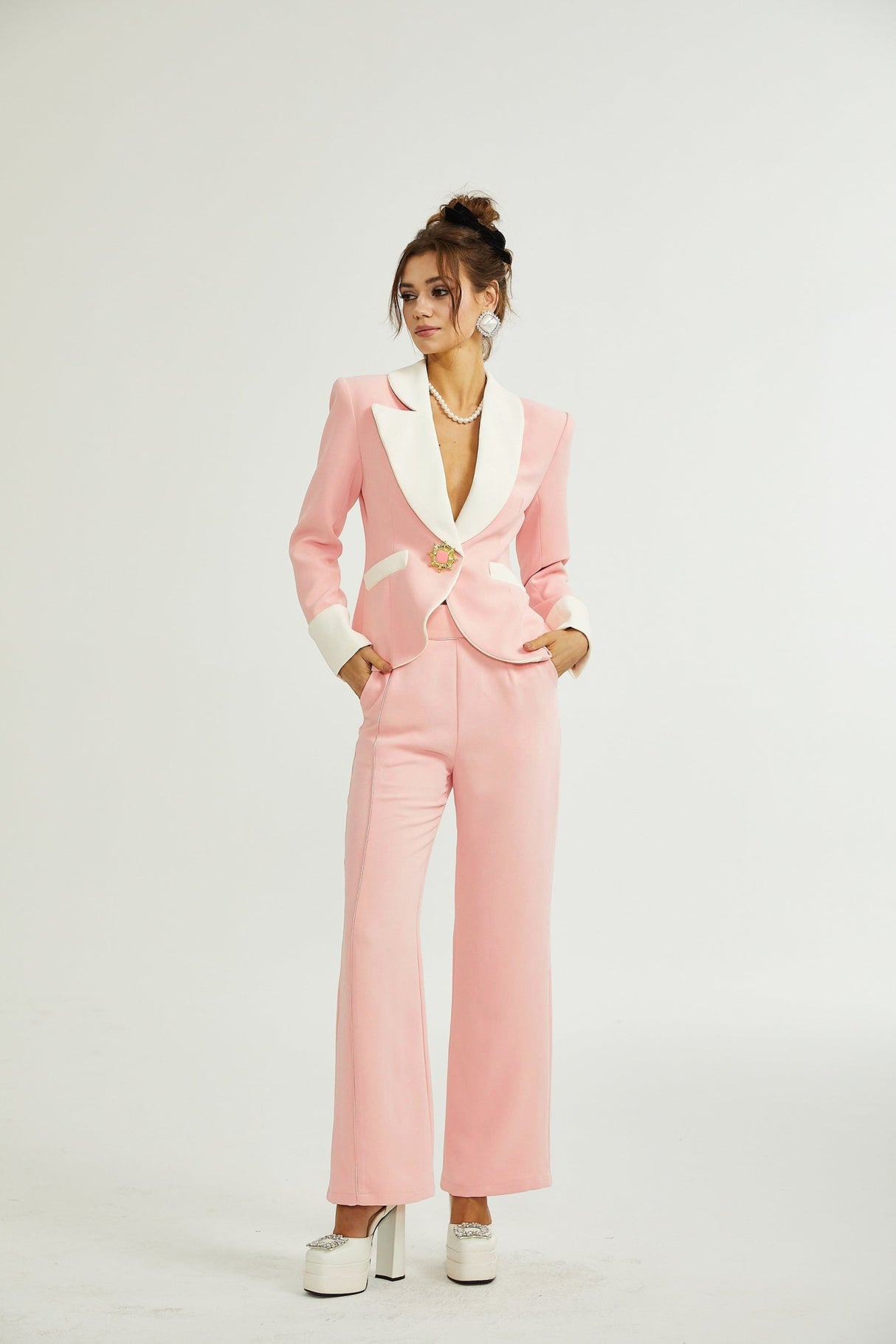 Teagan Blazer & Pants Pink White Set