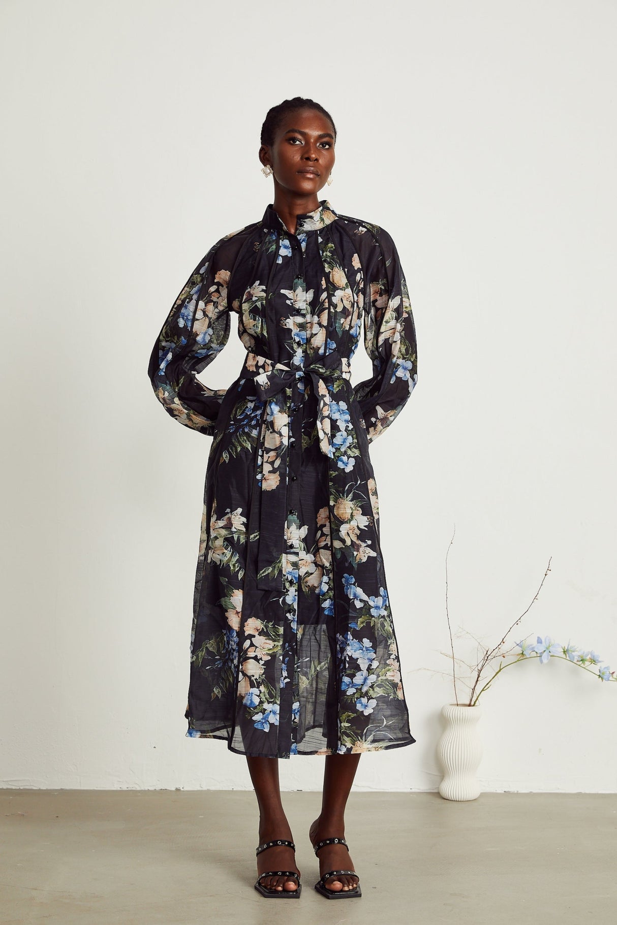 Teagan Floral Midi Dress with High StandUp Collar & Flounce Hem