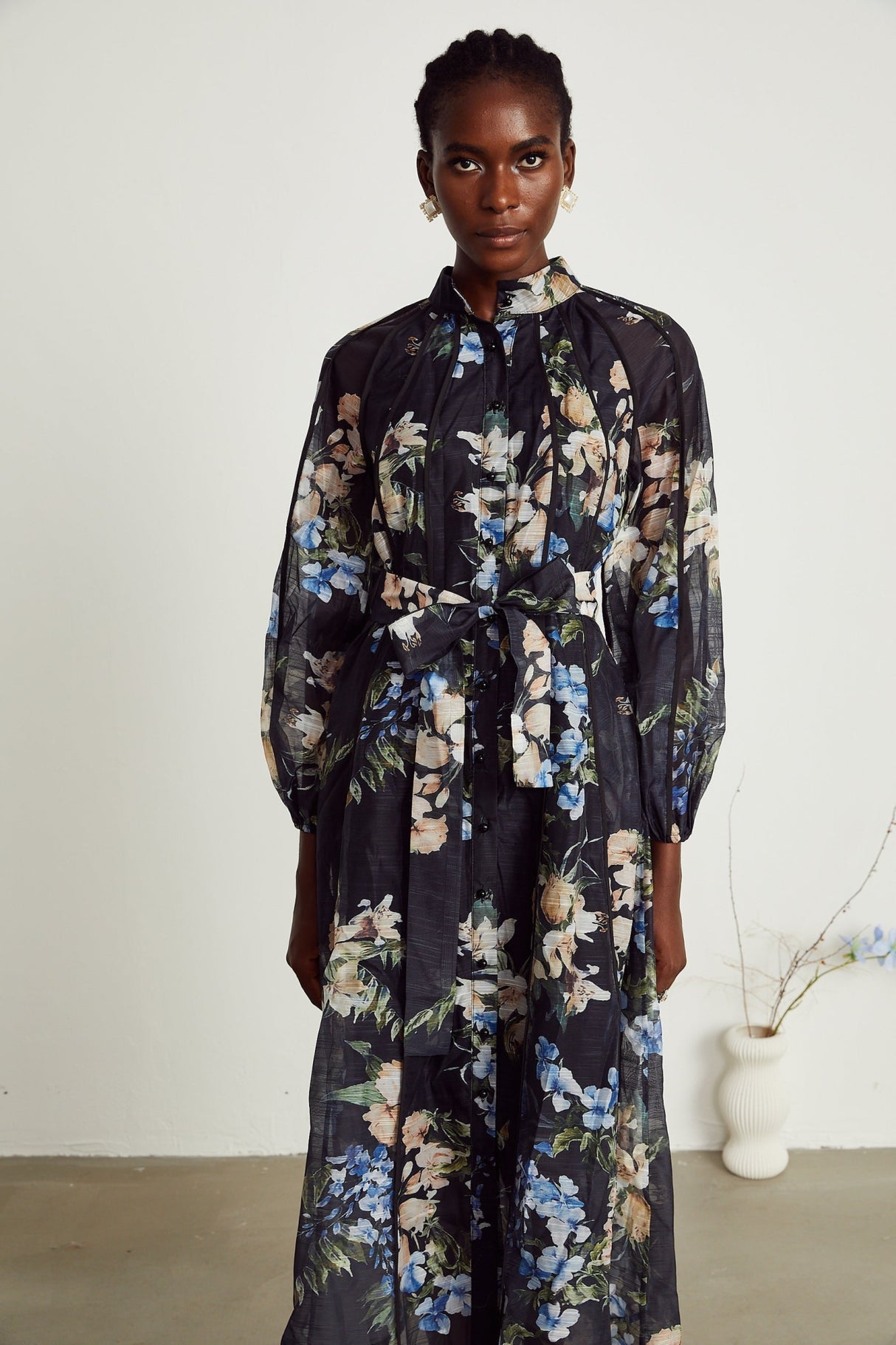 Teagan Floral Midi Dress with High StandUp Collar & Flounce Hem