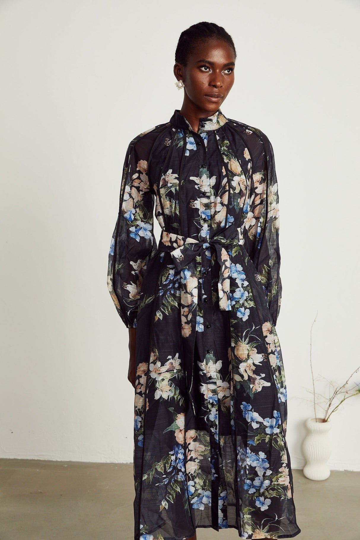 Teagan Floral Midi Dress with High StandUp Collar & Flounce Hem