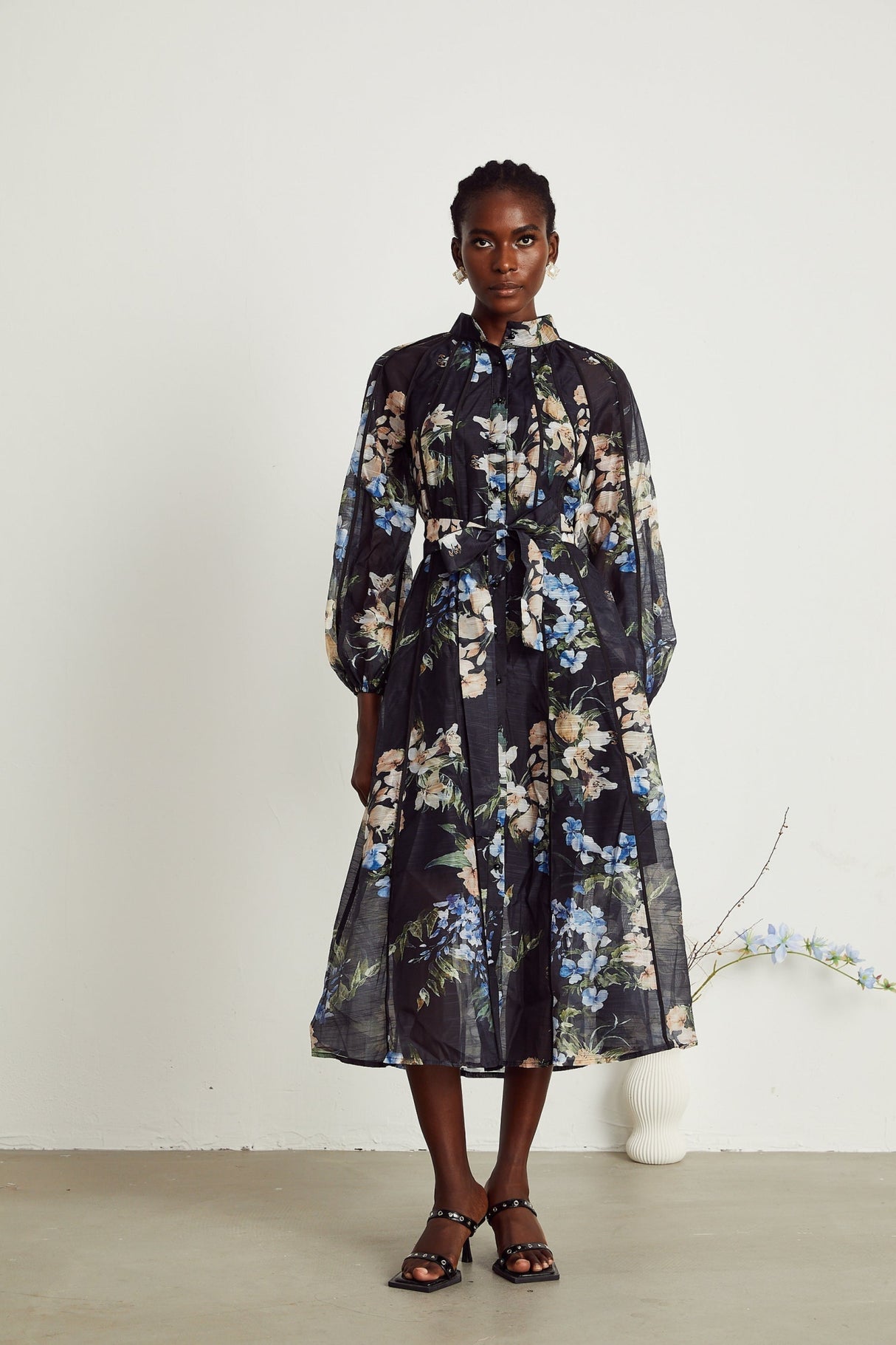 Teagan Floral Midi Dress with High StandUp Collar & Flounce Hem
