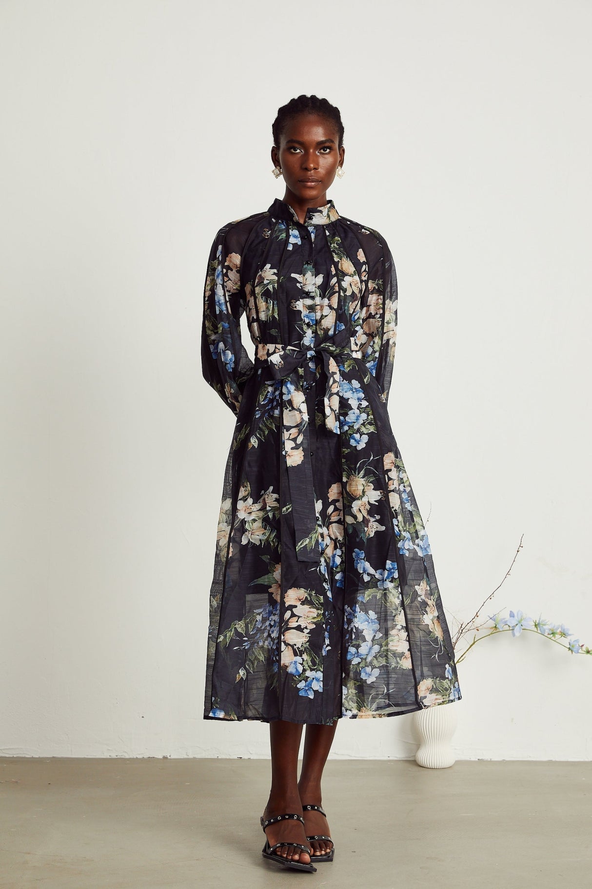 Teagan Floral Midi Dress with High StandUp Collar & Flounce Hem