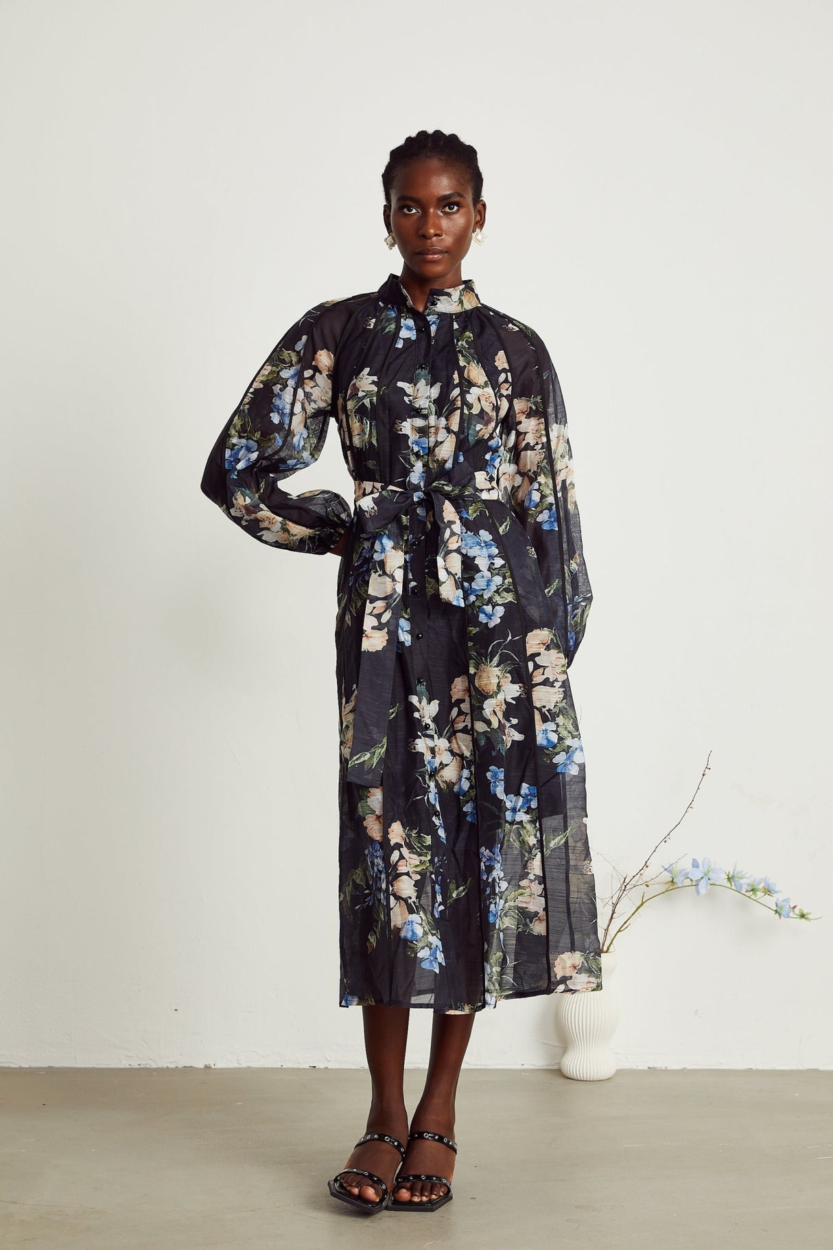 Teagan Floral Midi Dress with High StandUp Collar & Flounce Hem