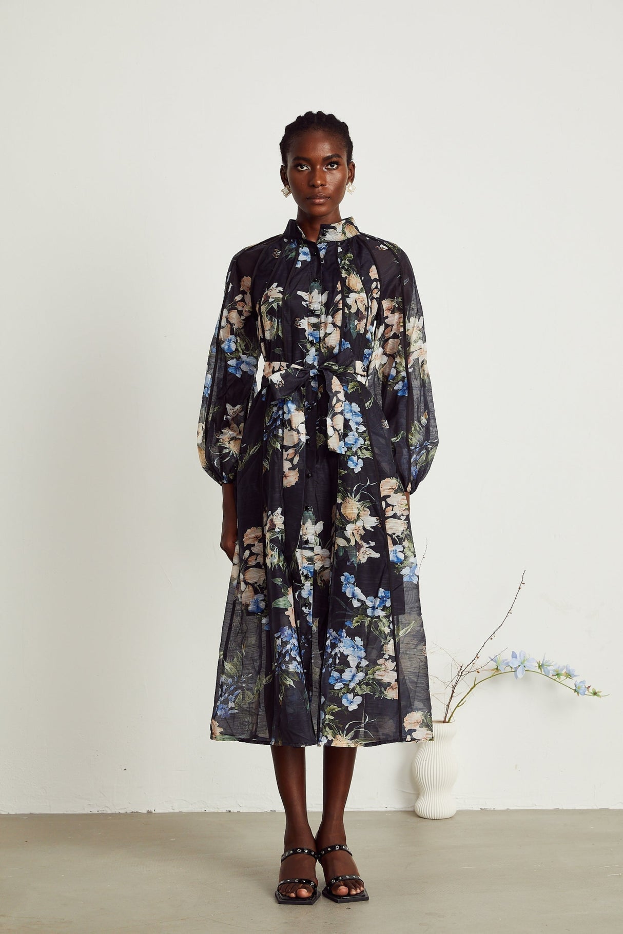 Teagan Floral Midi Dress with High StandUp Collar & Flounce Hem