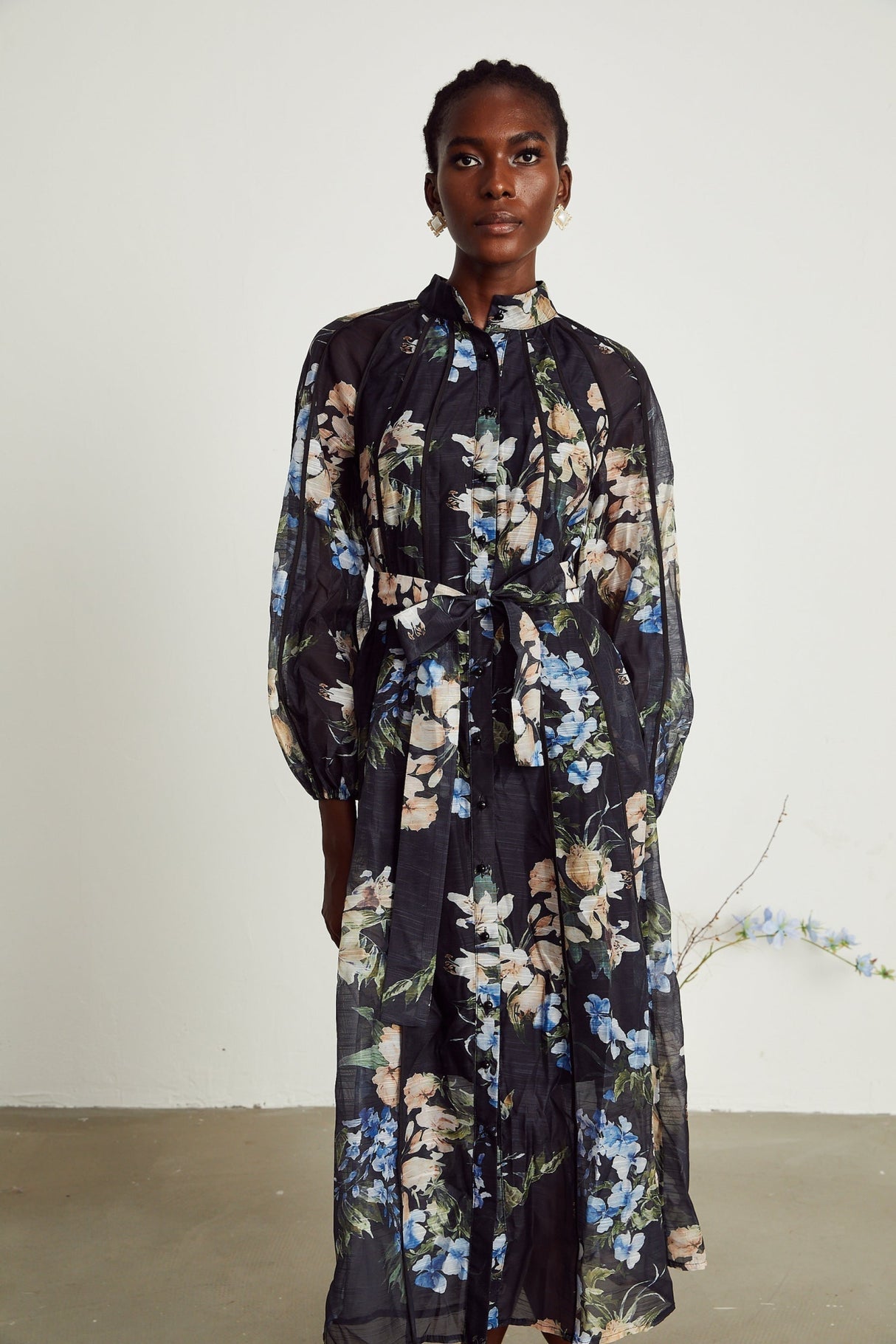 Teagan Floral Midi Dress with High StandUp Collar & Flounce Hem