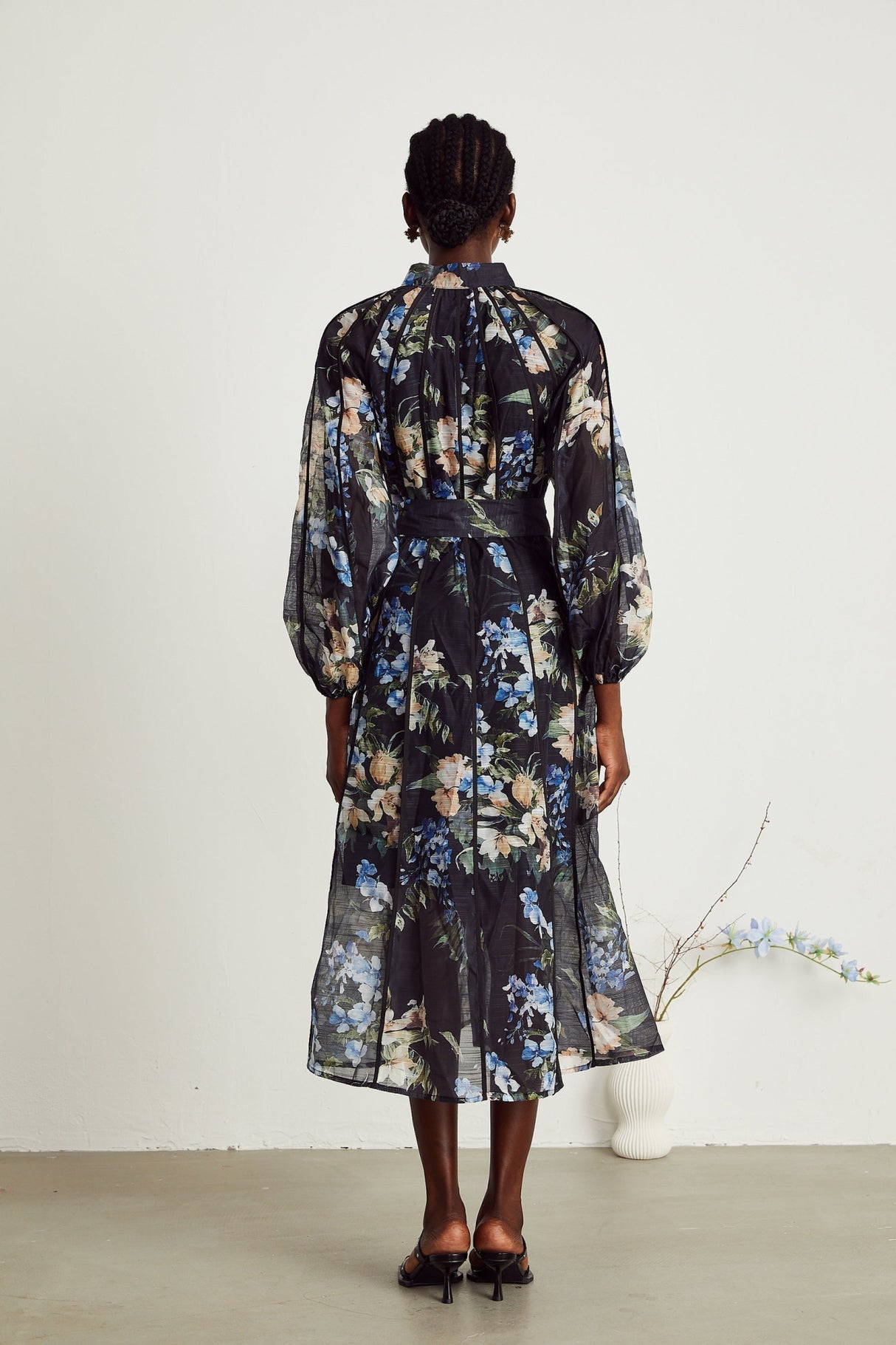 Teagan Floral Midi Dress with High StandUp Collar & Flounce Hem