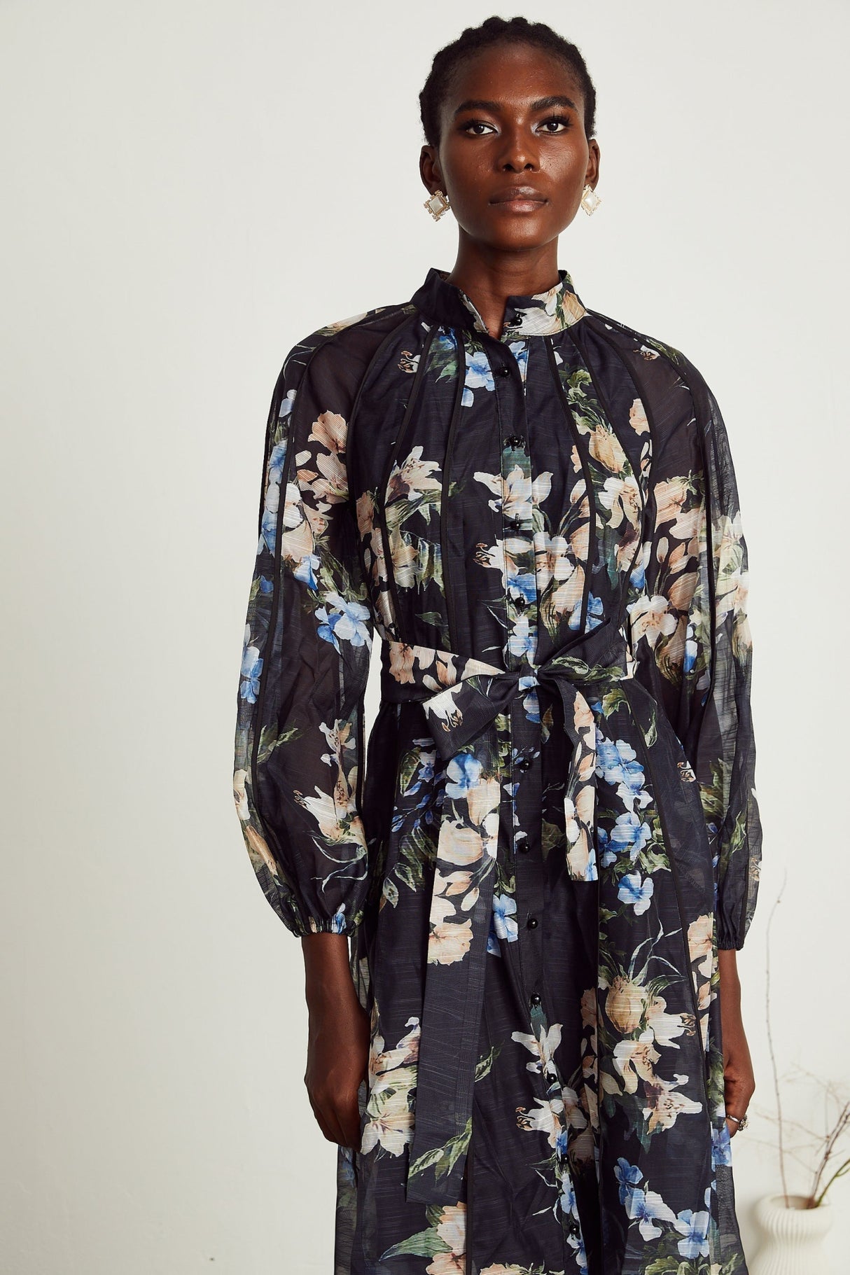Teagan Floral Midi Dress with High StandUp Collar & Flounce Hem