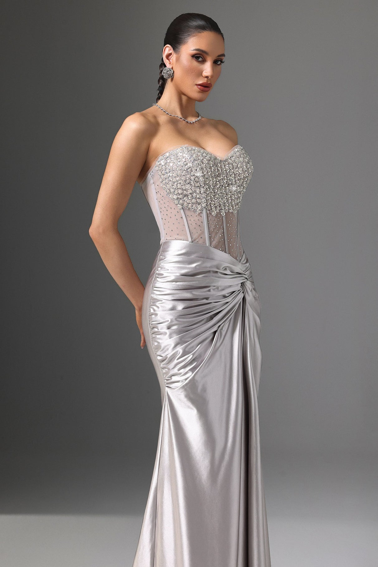 Teagan Silver Sequin Strapless Formal Dress with High Slit
